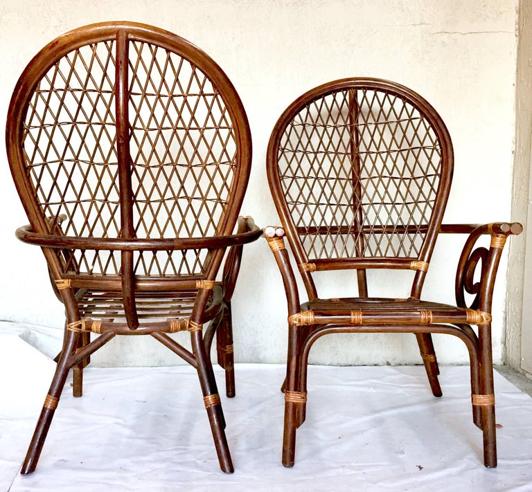 Vintage Pair of Bent Rattan and Wicker High Back Armchairs For Sale at