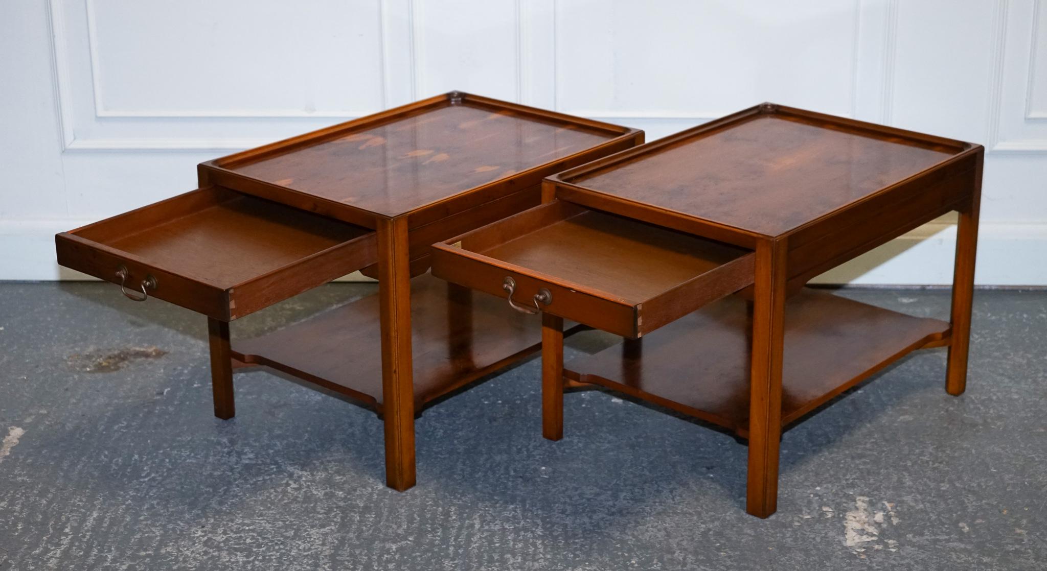 British VINTAGE PAIR OF BEVAN FUNNELL YEW WOOD TWO TIERED SIDE LAMP SiDE TABLES For Sale