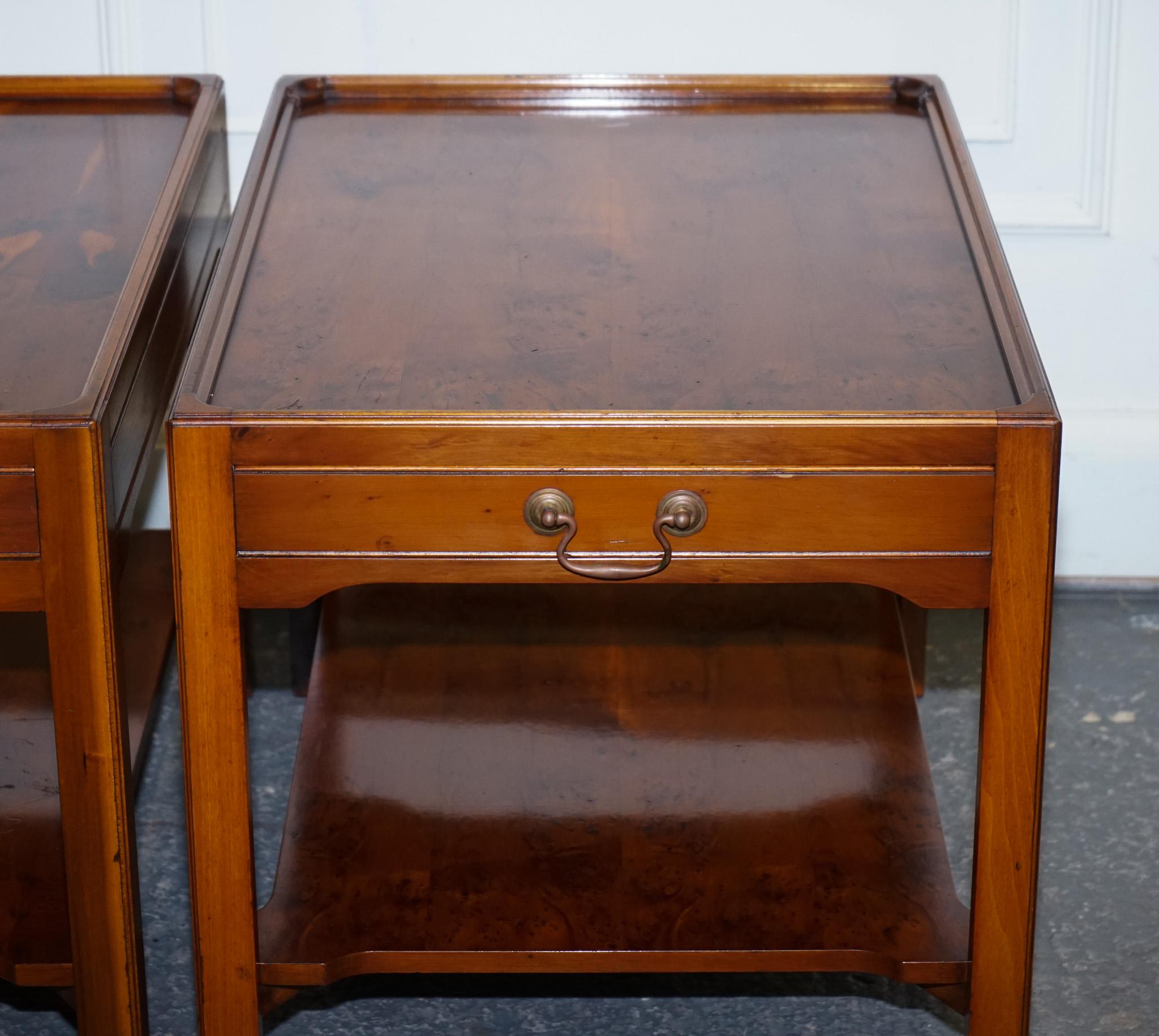 20th Century VINTAGE PAIR OF BEVAN FUNNELL YEW WOOD TWO TIERED SIDE LAMP SiDE TABLES For Sale