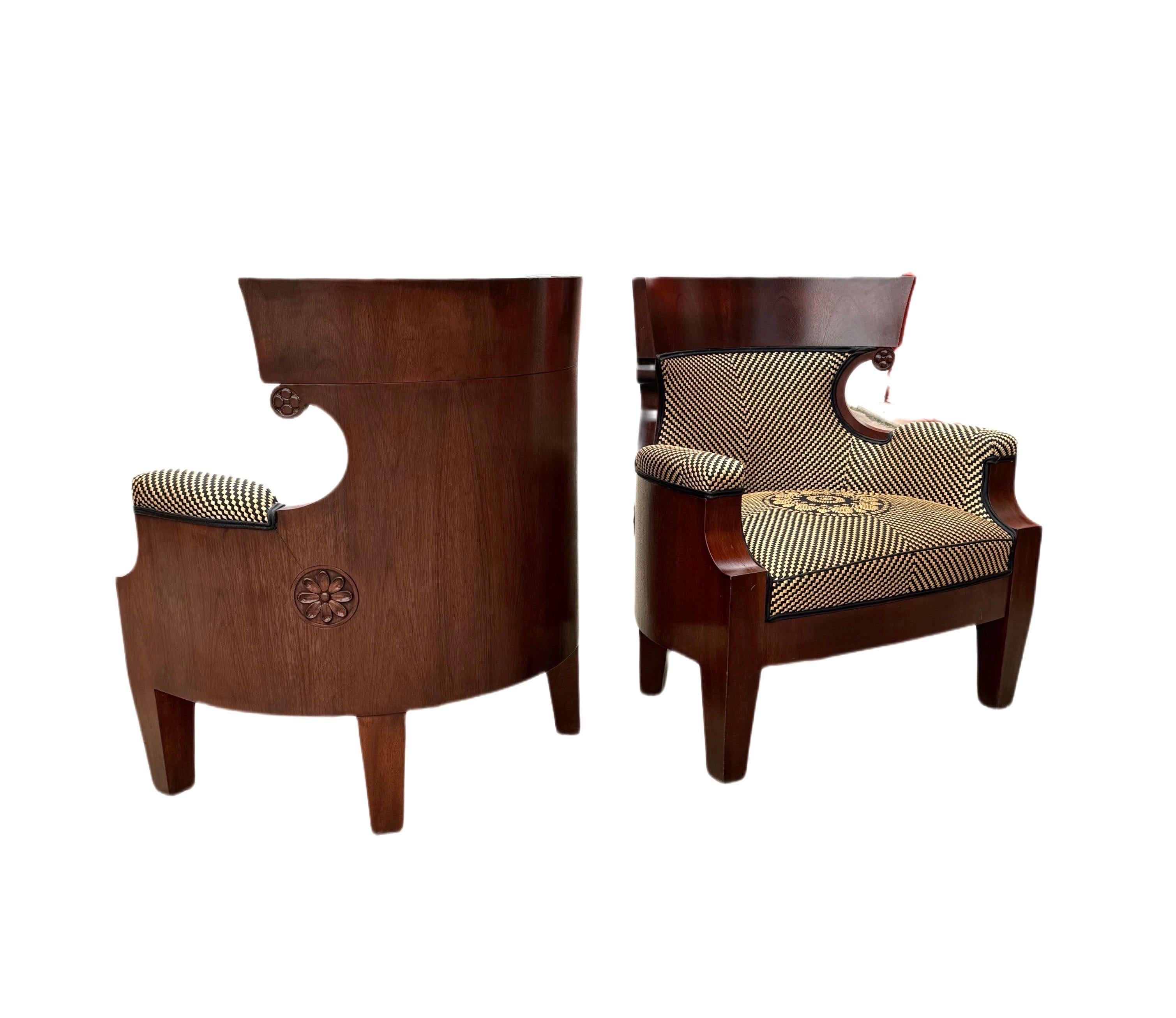 Elevate your interior with this stunning pair of Biedermeier-style bergères, a blend of vintage charm and timeless elegance. These chairs feature exquisite walnut veneers paired with luxurious gold and black raffia upholstery, creating an air of
