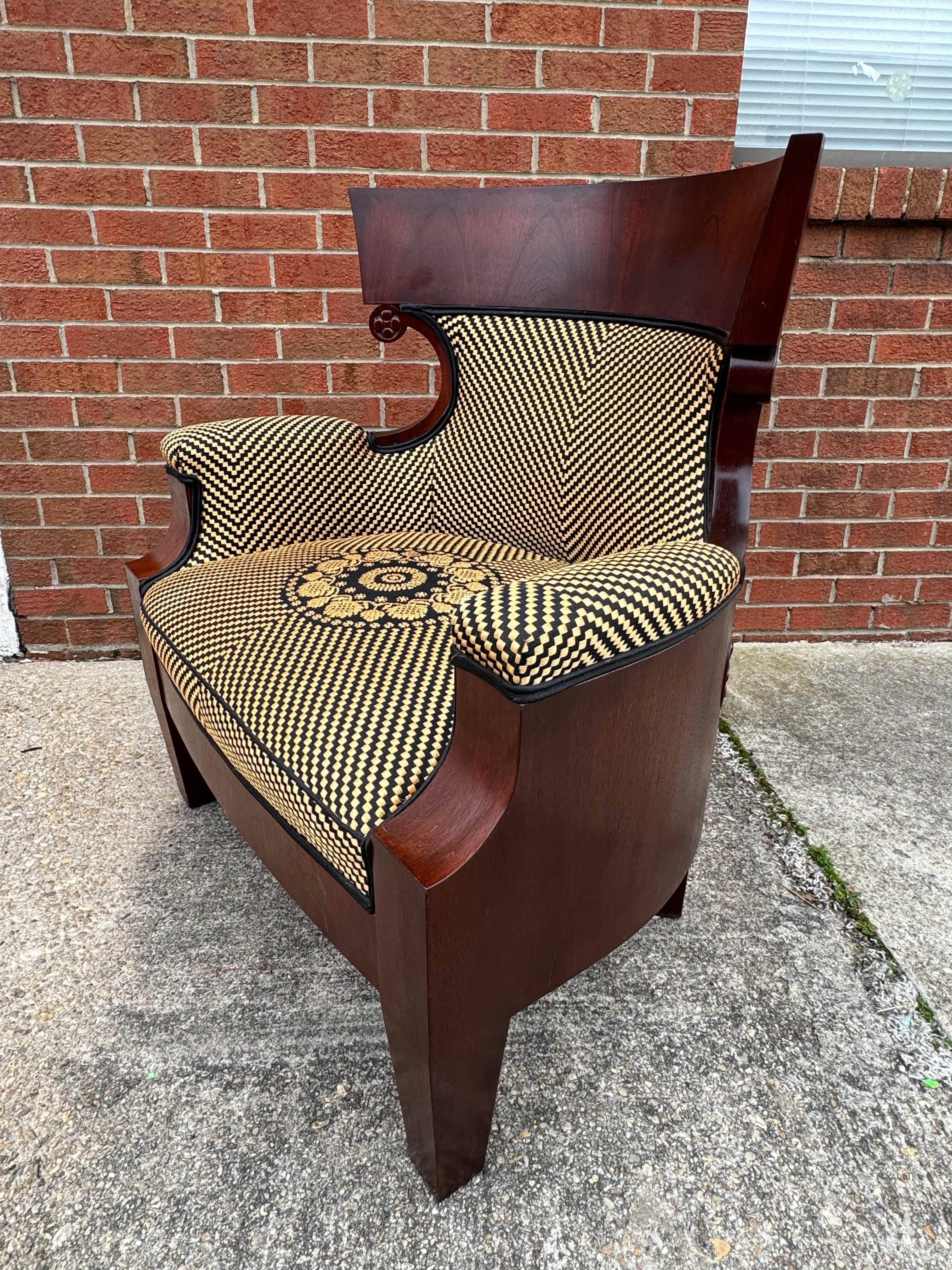 Hand-Crafted Vintage Pair Of Biedermeier Style Walnut Veneered Gold And Black  Upholstered Be For Sale