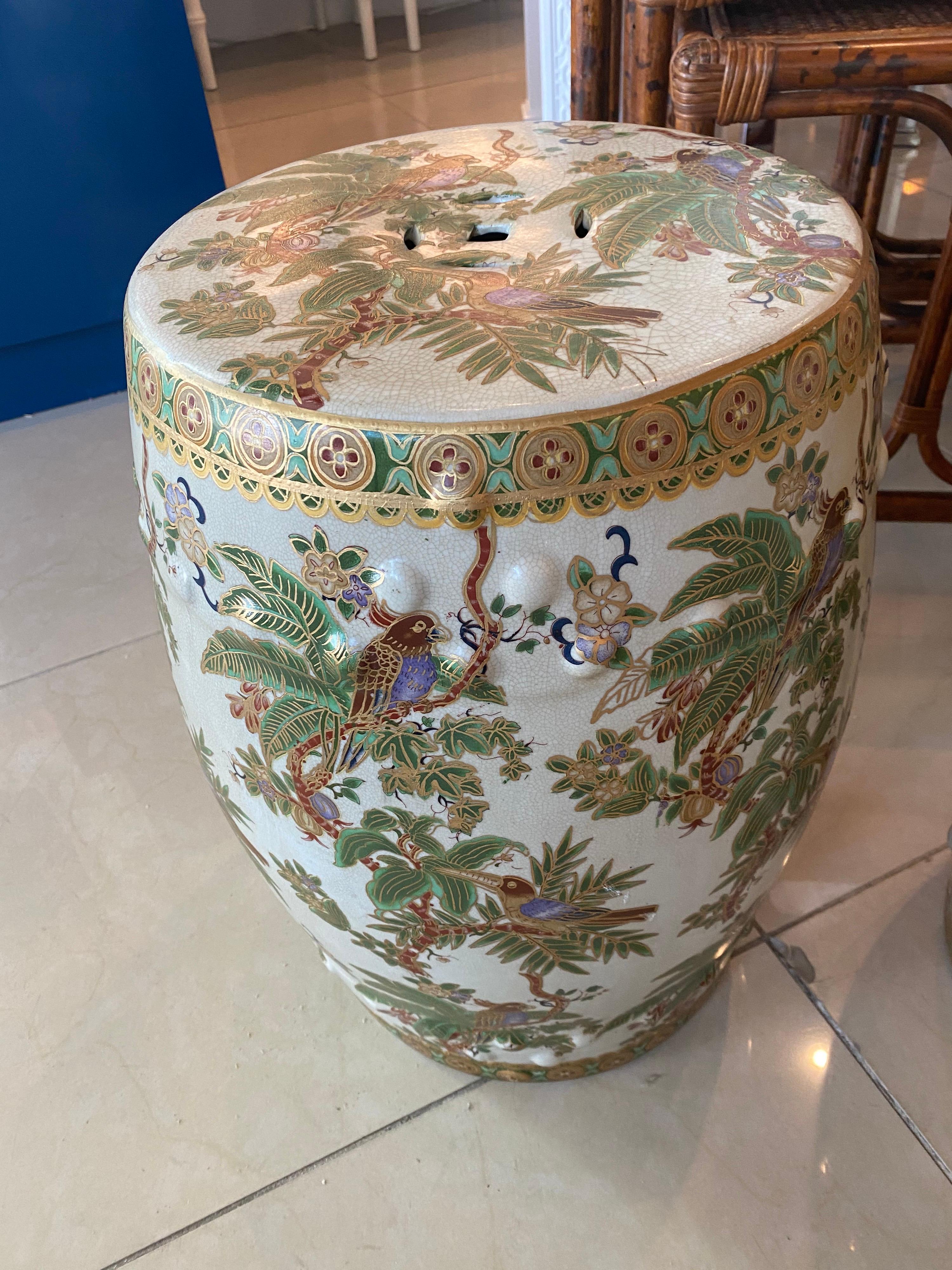 Vintage Pair of Bird Parrot & Palm Trees Tropical Garden Drum Stools Benches For Sale 2