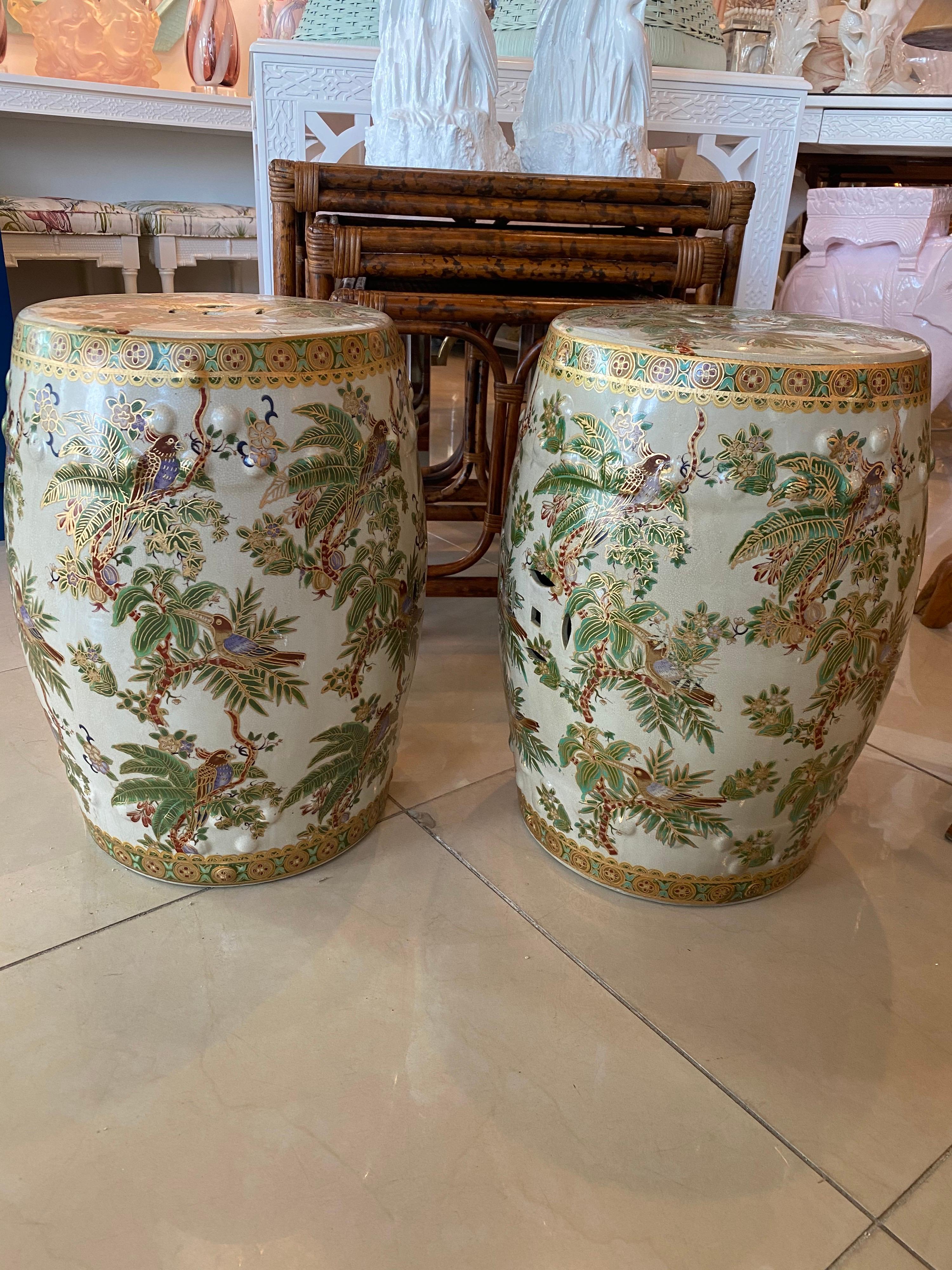 Vintage Pair of Bird Parrot & Palm Trees Tropical Garden Drum Stools Benches For Sale 3