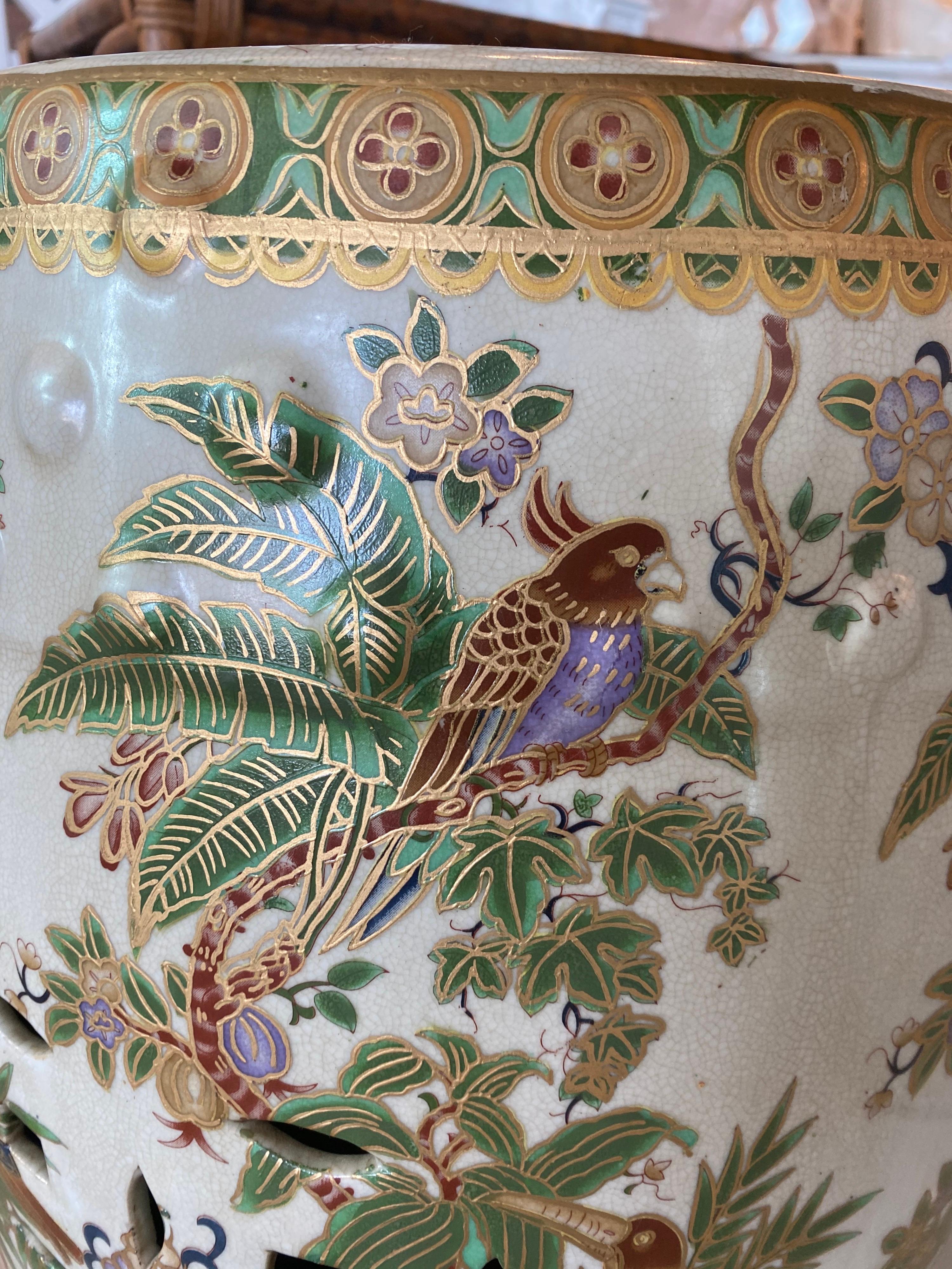 Paire de tabourets de jardin vintage à tambour en forme d'oiseau, perroquet et palmier, motif tropical en vente 7