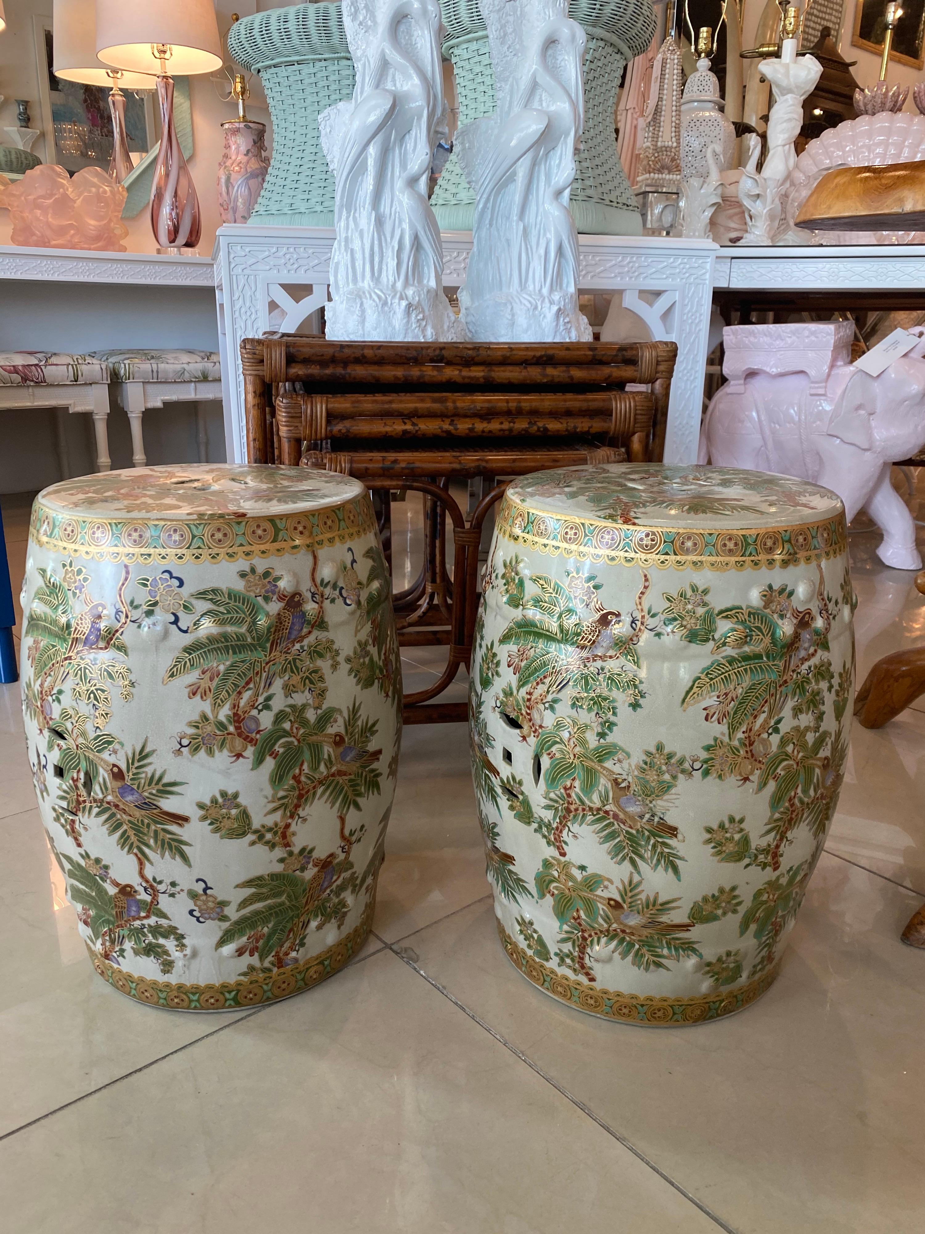 Vintage Pair of Bird Parrot & Palm Trees Tropical Garden Drum Stools Benches For Sale 7