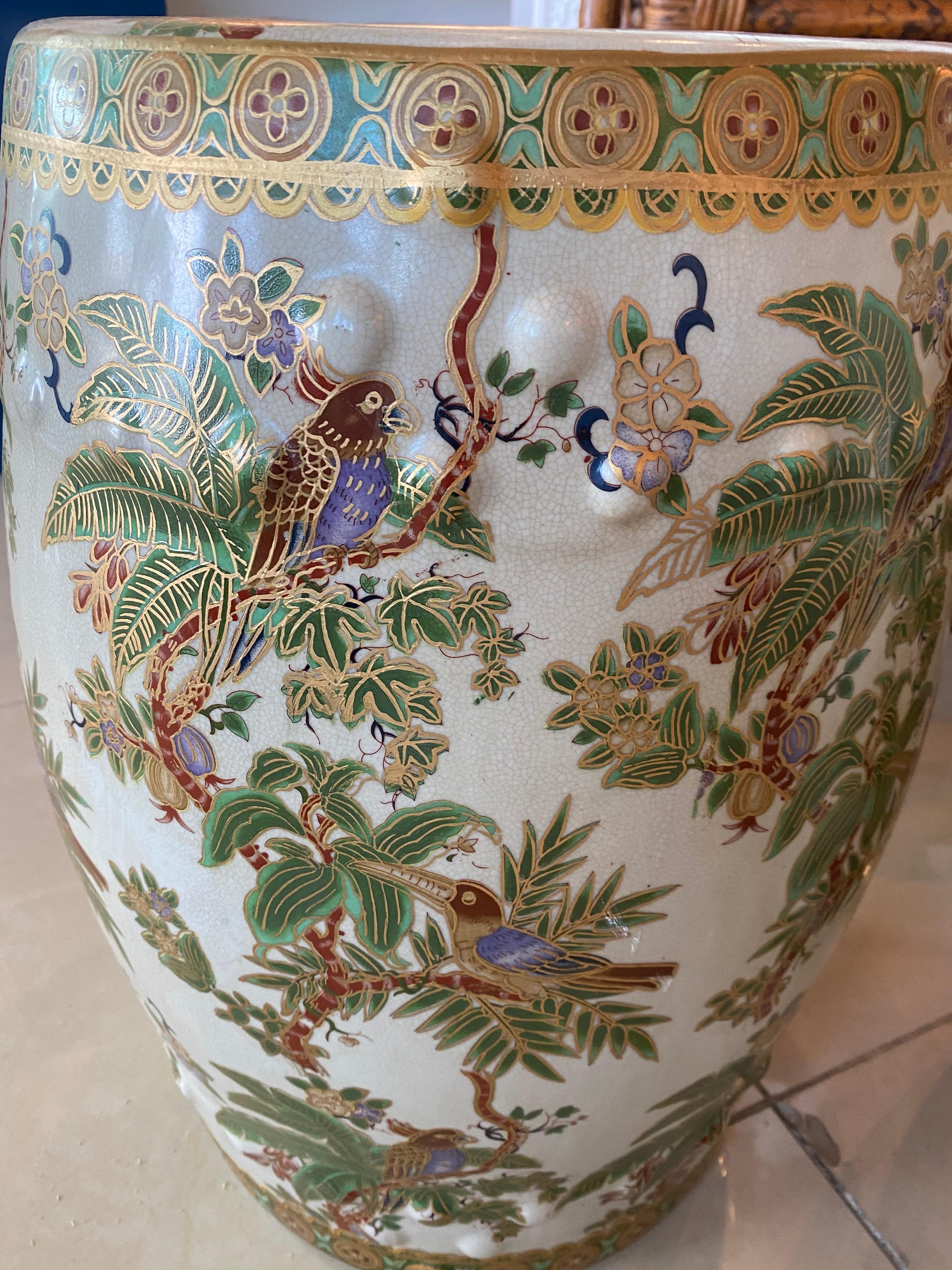 Paire de tabourets de jardin vintage à tambour en forme d'oiseau, perroquet et palmier, motif tropical en vente 10