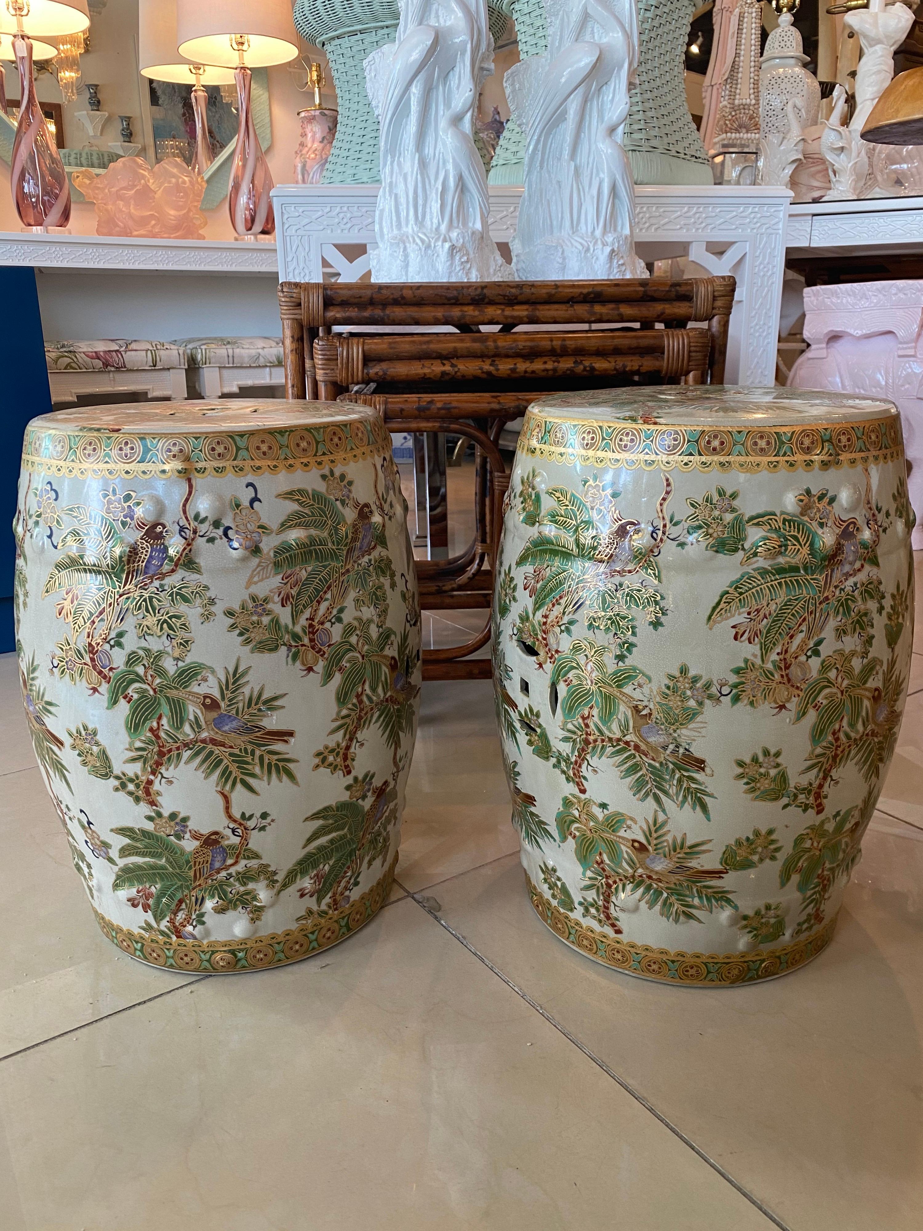 Vintage Pair of Bird Parrot & Palm Trees Tropical Garden Drum Stools Benches For Sale 11