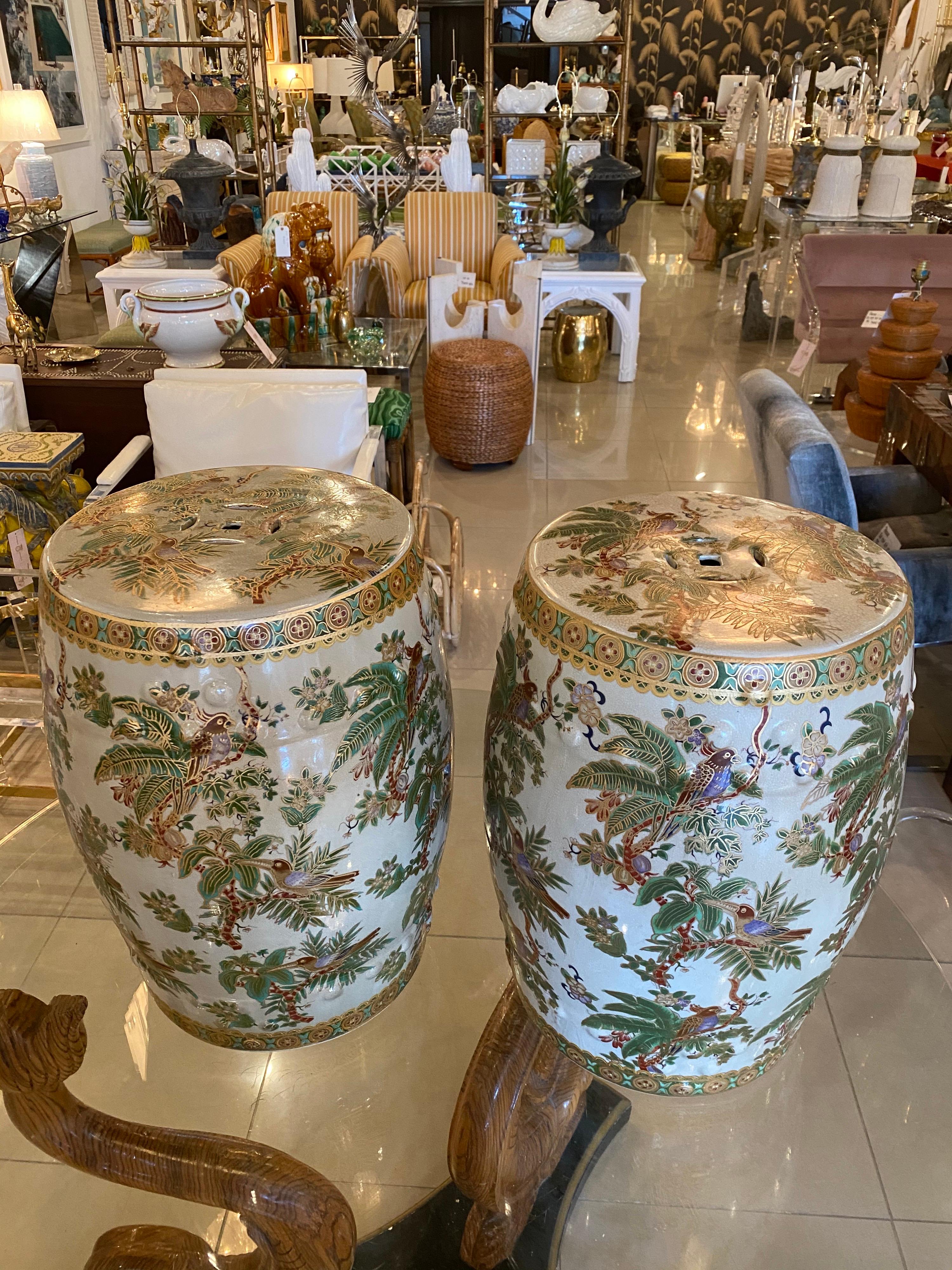 The most amazing pair of vintage garden drum benches stools. Beautiful parrots & palm tree leaves make these perfectly tropical Palm Beach stools stand out from the rest!