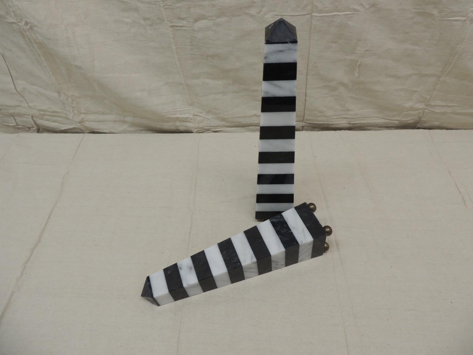 Mid-Century Modern Vintage Pair of Black and White Stripes Marble Obelisks