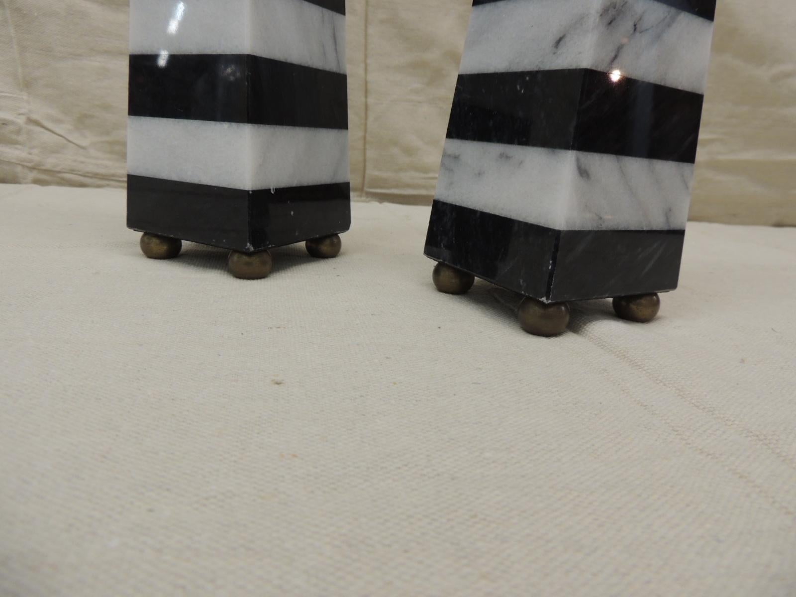 Hand-Crafted Vintage Pair of Black and White Stripes Marble Obelisks