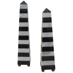 Vintage Pair of Black and White Stripes Marble Obelisks