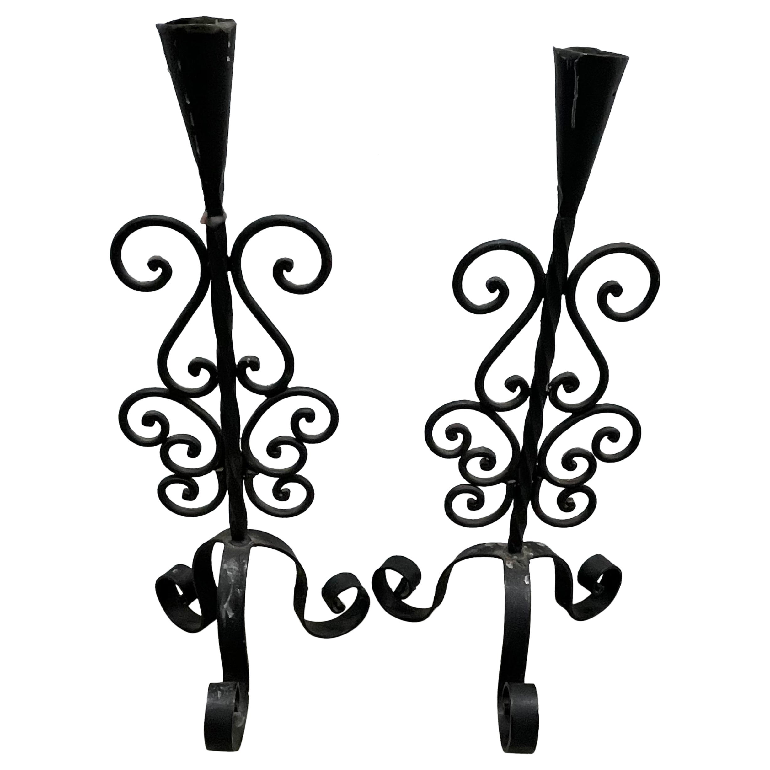 Vintage Pair of Black Wrought Iron Candle Holders