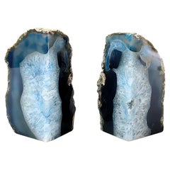 Vintage Pair Of Blue and White Agate Bookends Quartz Crystal Geode
