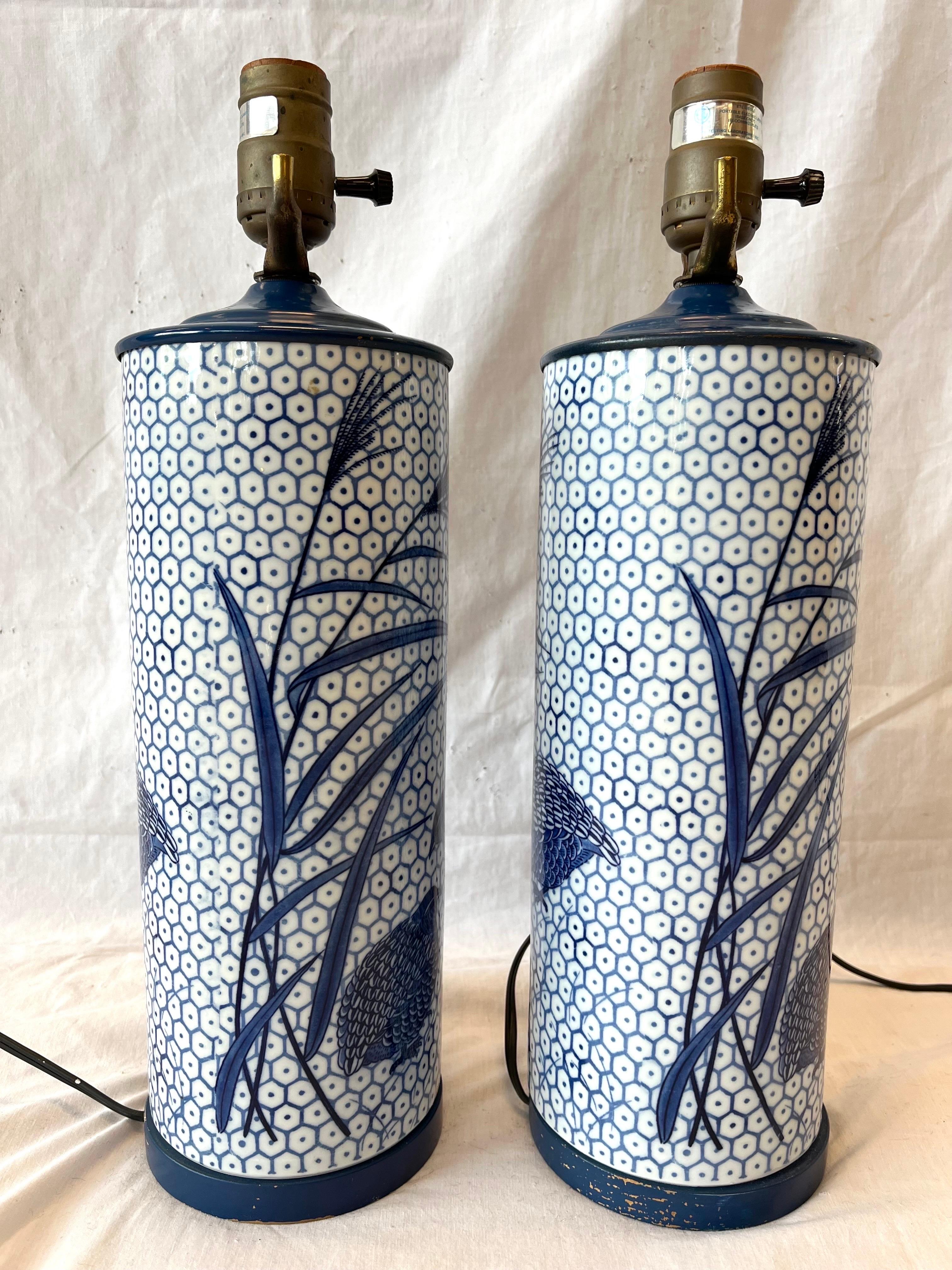 Hollywood Regency Vintage Pair of Blue and White Ceramic Table Lamps Retailed by Bloomingdale’s 