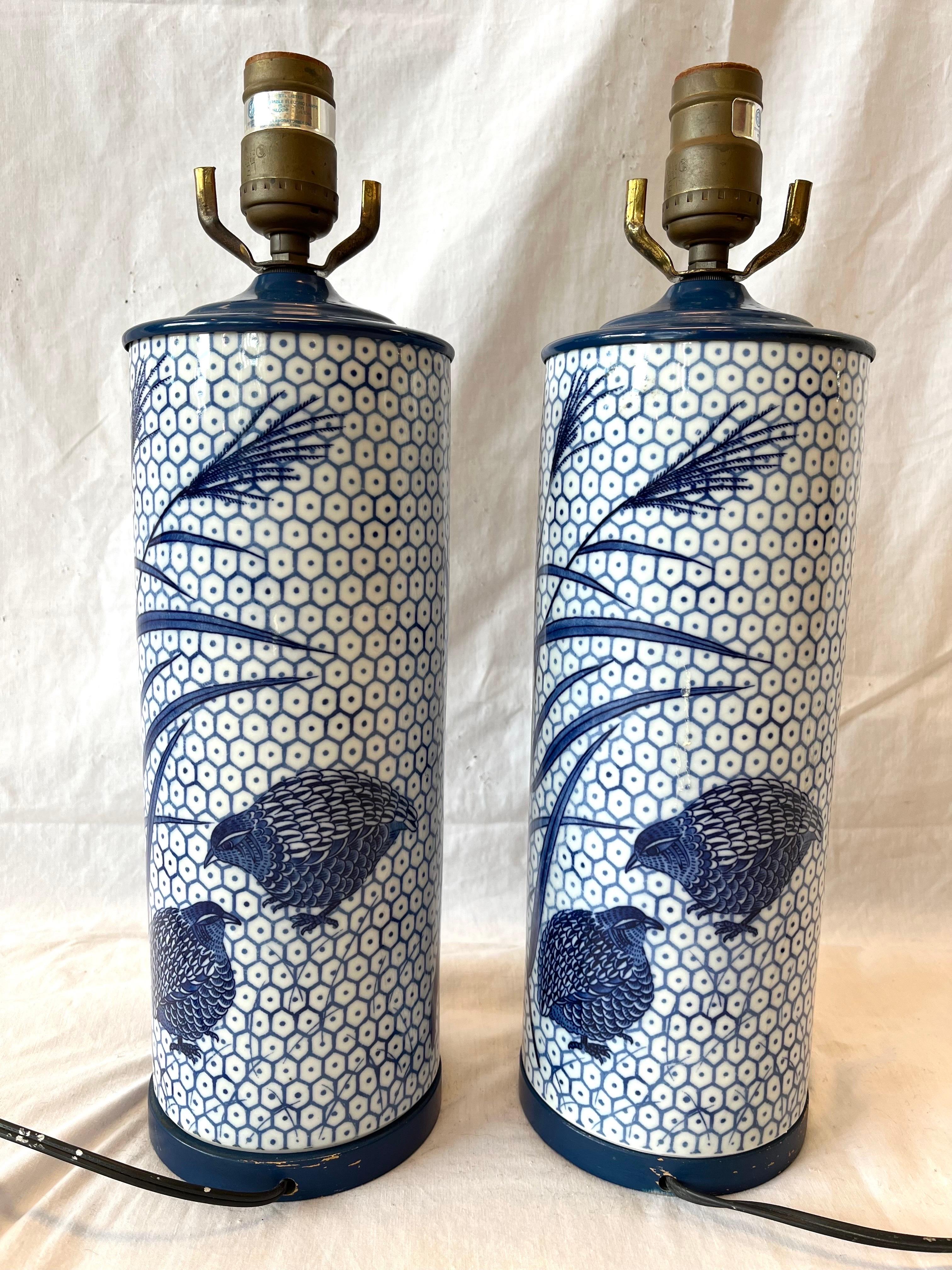 Vintage Pair of Blue and White Ceramic Table Lamps Retailed by Bloomingdale’s  In Good Condition In Atlanta, GA