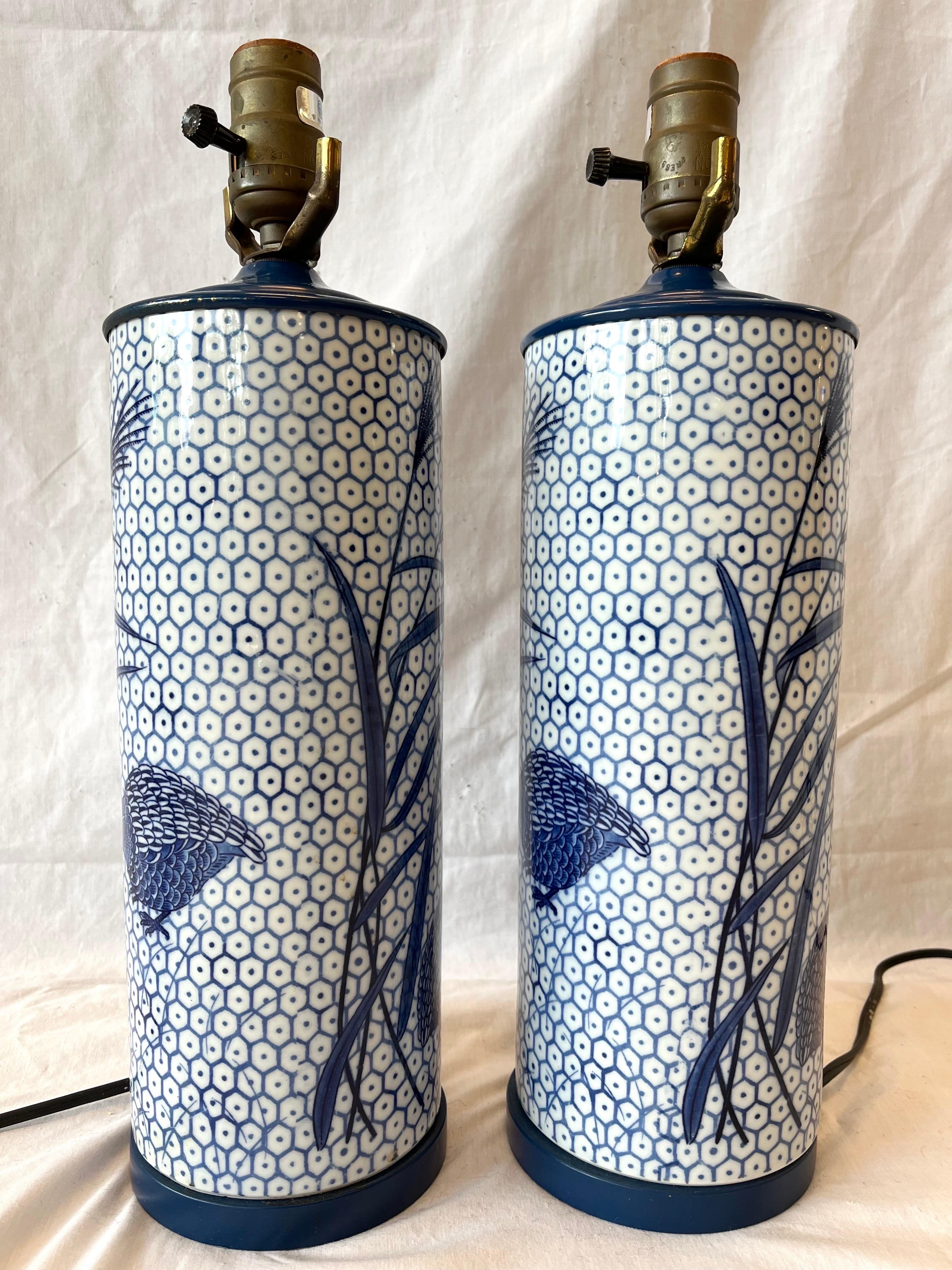 20th Century Vintage Pair of Blue and White Ceramic Table Lamps Retailed by Bloomingdale’s 