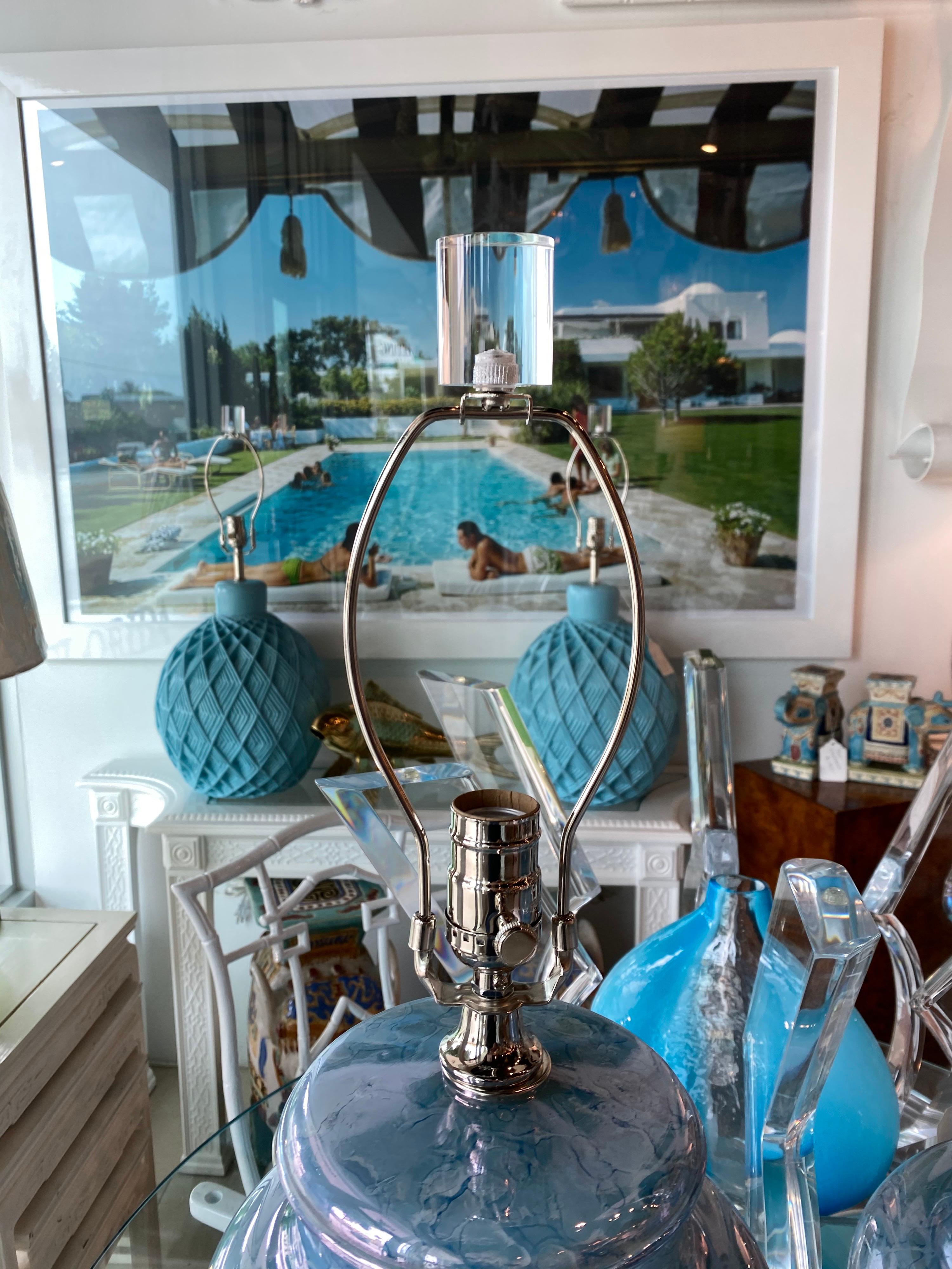 American Vintage Pair of Blue Beachy Glass Table Lamps Newly Wired Lucite Base & Finials