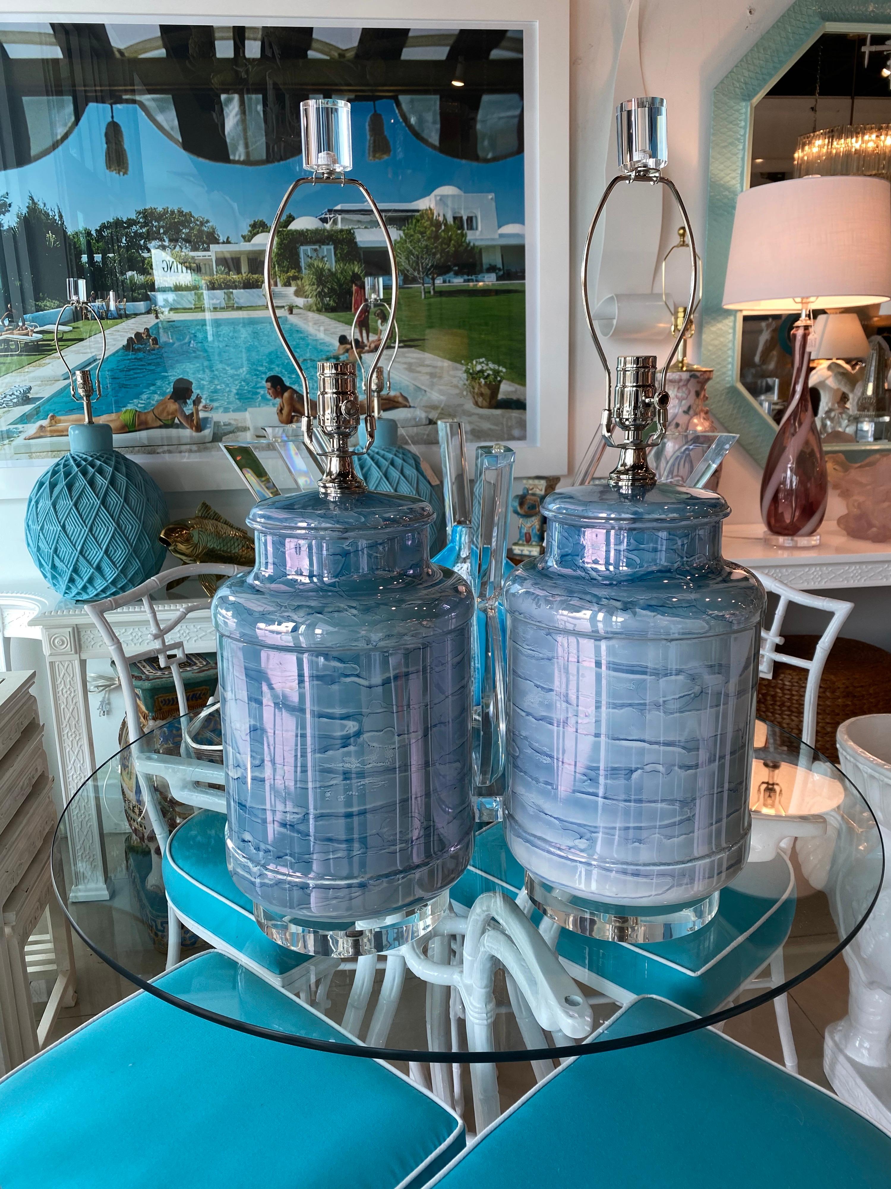 Vintage Pair of Blue Beachy Glass Table Lamps Newly Wired Lucite Base & Finials In Good Condition In West Palm Beach, FL