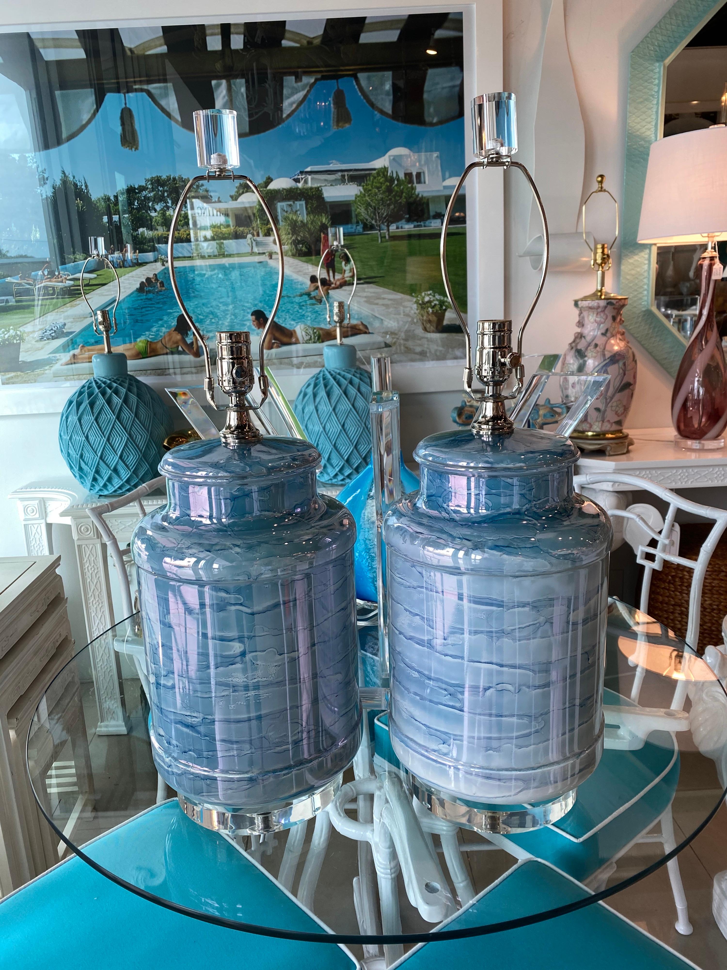 Late 20th Century Vintage Pair of Blue Beachy Glass Table Lamps Newly Wired Lucite Base & Finials