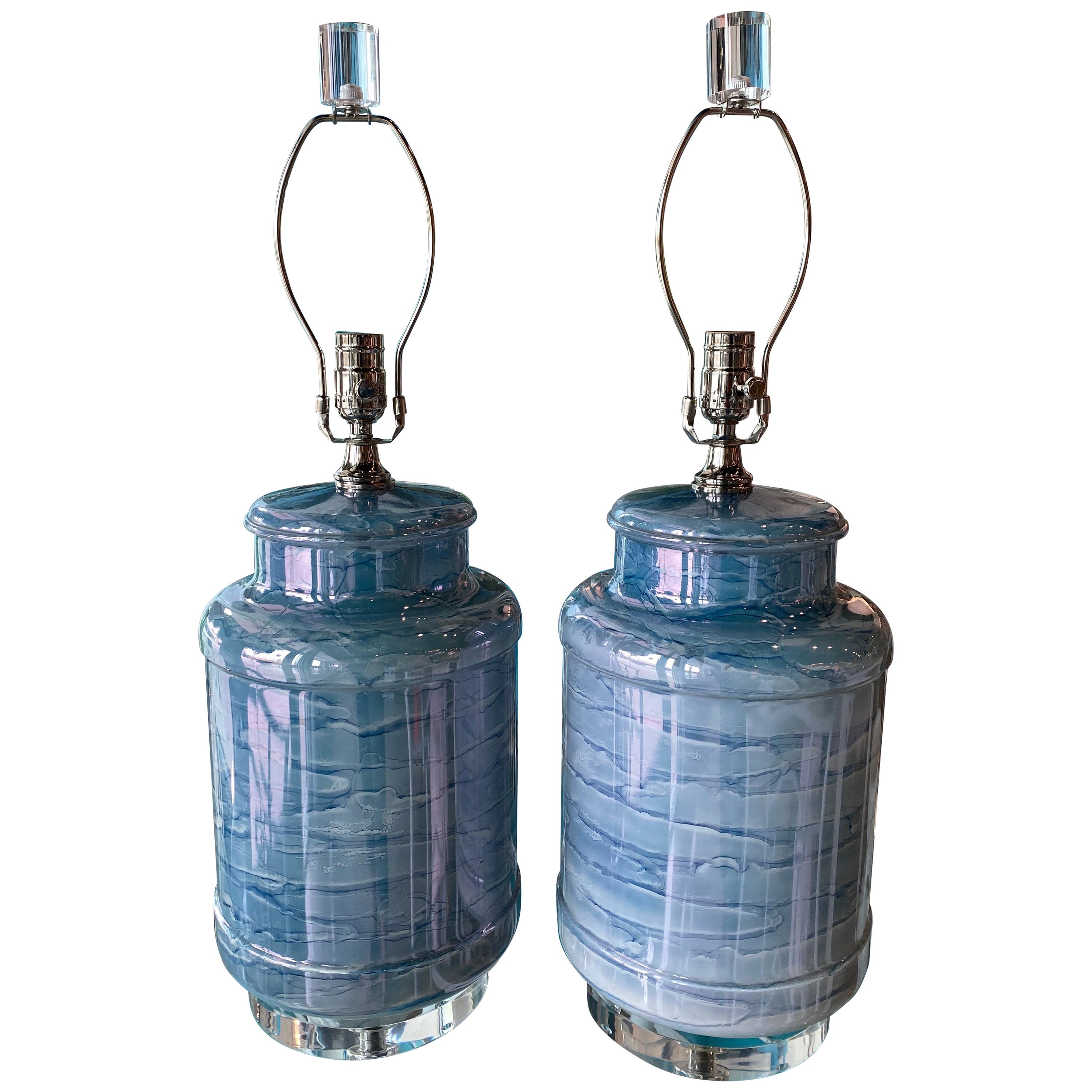 Vintage Pair of Blue Beachy Glass Table Lamps Newly Wired Lucite Base & Finials