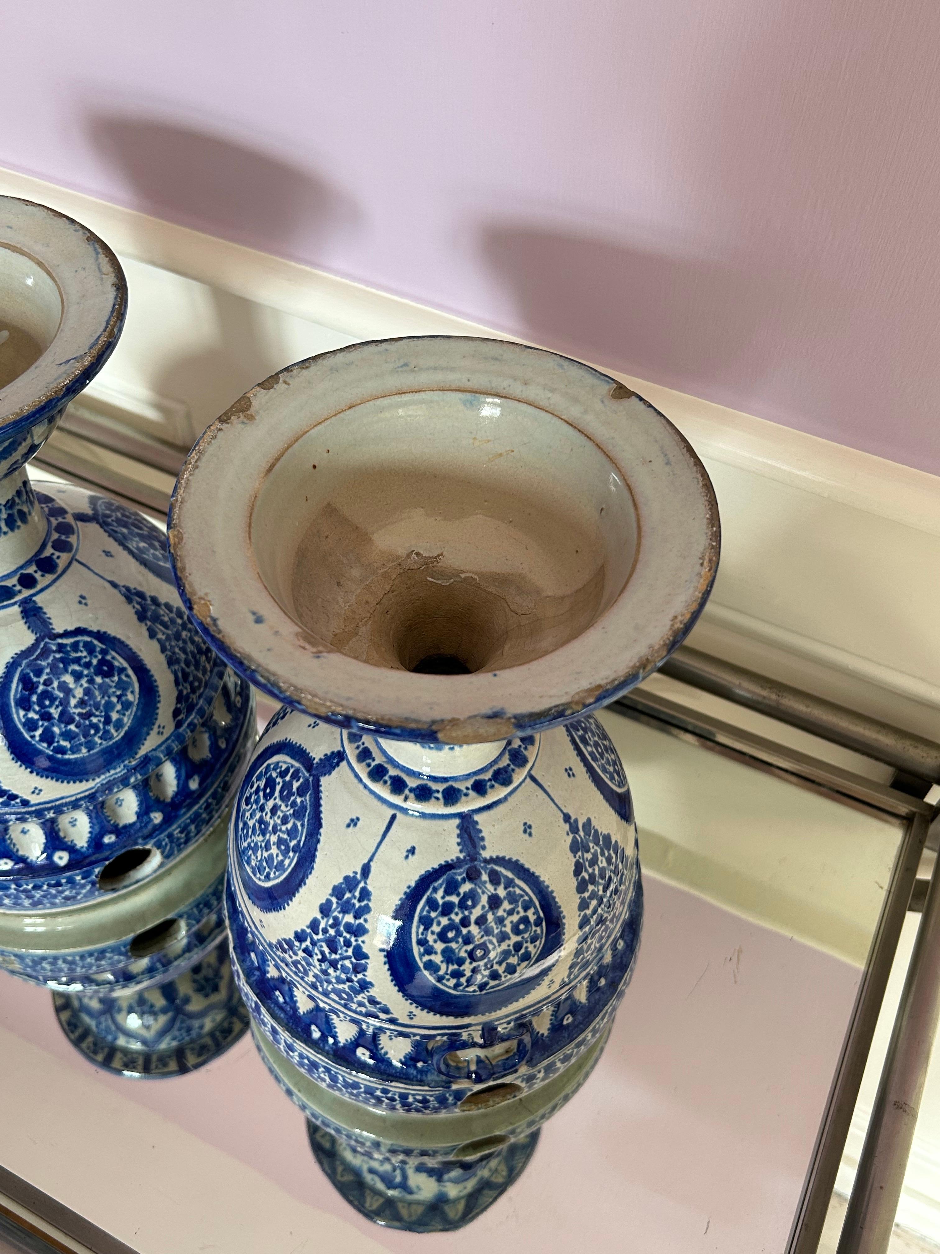 Vintage Pair of Blue Decorated Flowers Pots on Tall Bases, Europe, 20th Century For Sale 7