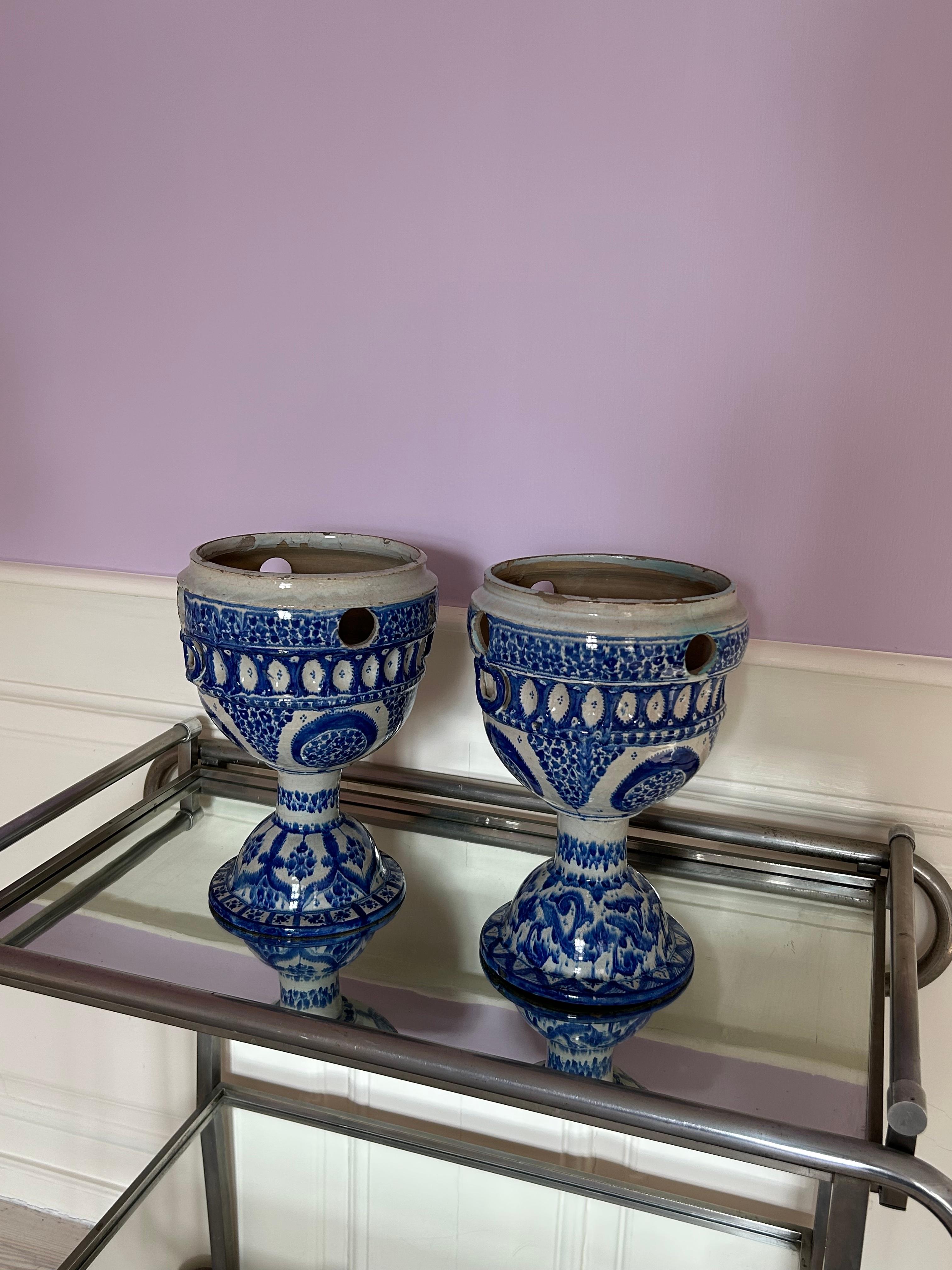 European Vintage Pair of Blue Decorated Flowers Pots on Tall Bases, Europe, 20th Century For Sale