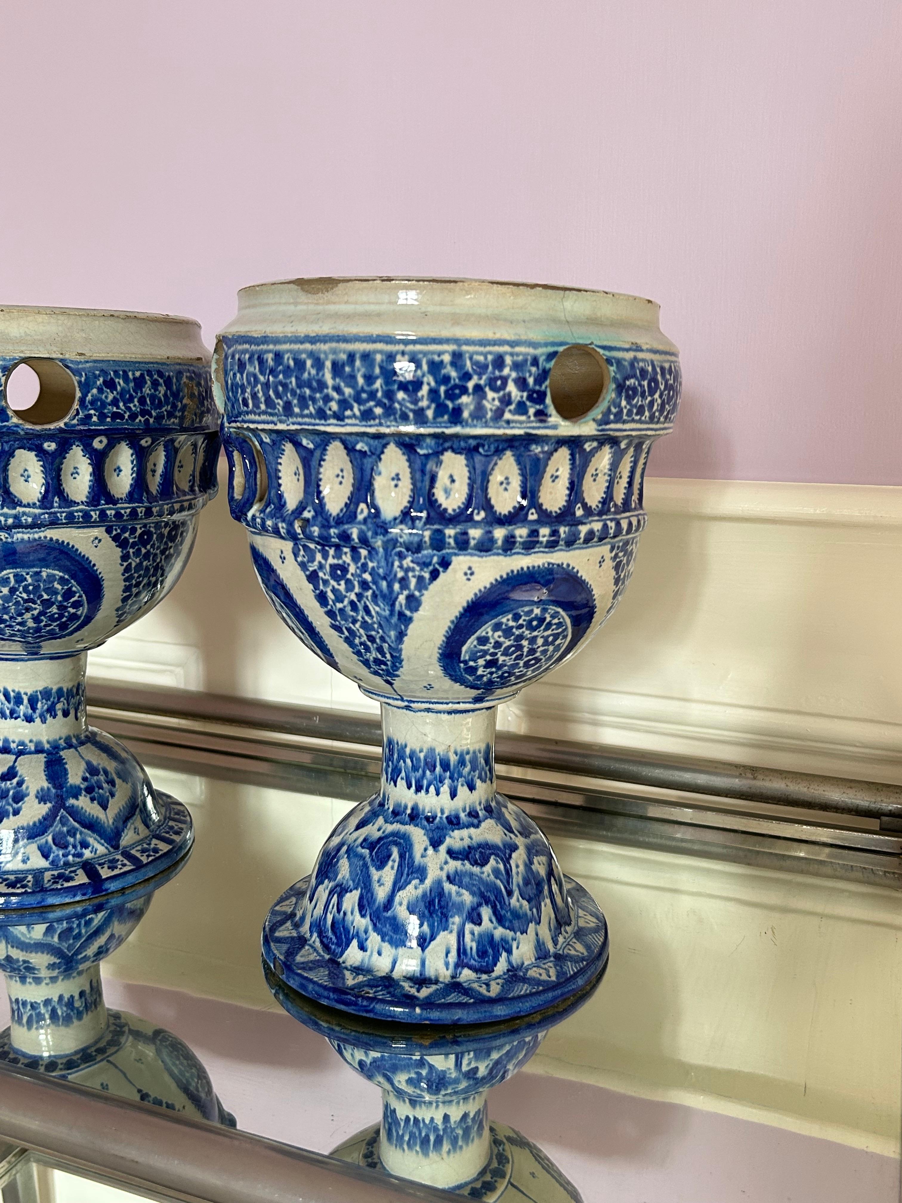 Vintage Pair of Blue Decorated Flowers Pots on Tall Bases, Europe, 20th Century In Good Condition For Sale In Copenhagen K, DK