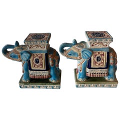 Vintage Pair of Blue Elephant Garden Stands Bookends or Statues