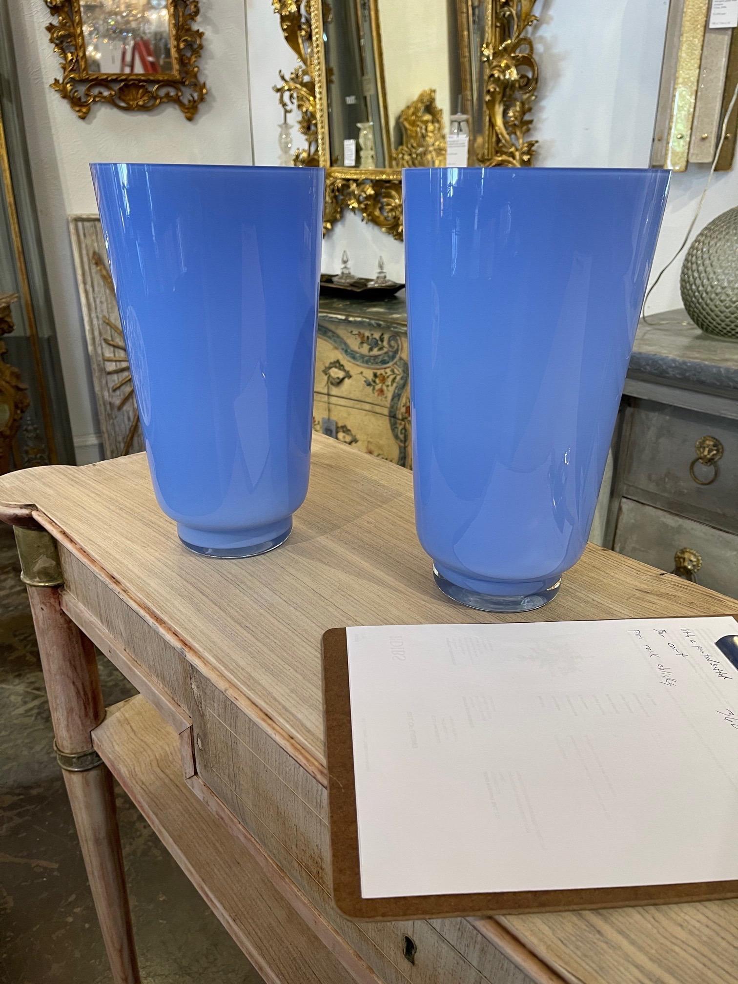 Italian Vintage Pair of Blue Murano Glass Vases