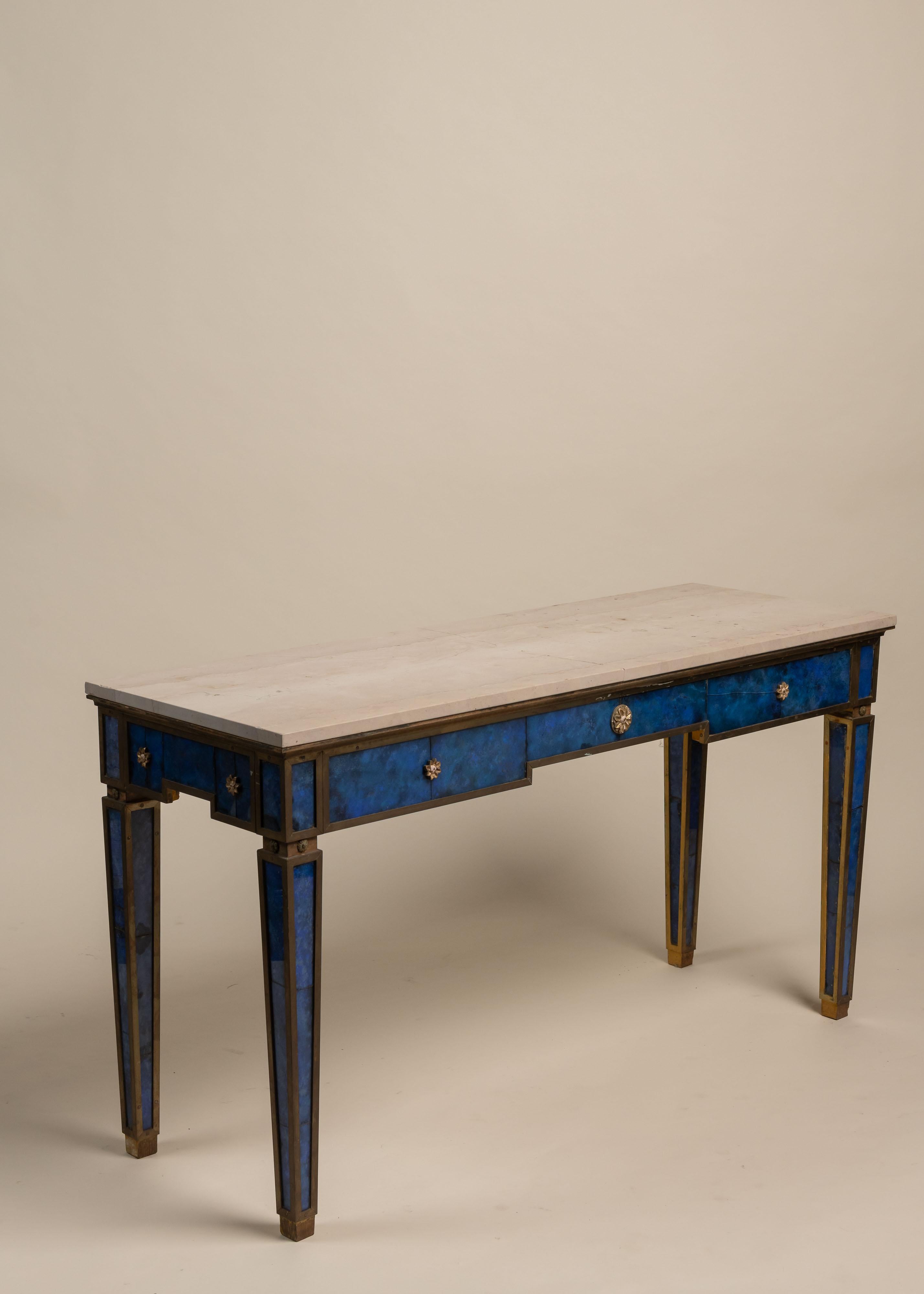 Vintage Pair of Blue Painted Glass and Marble Console Tables For Sale 3