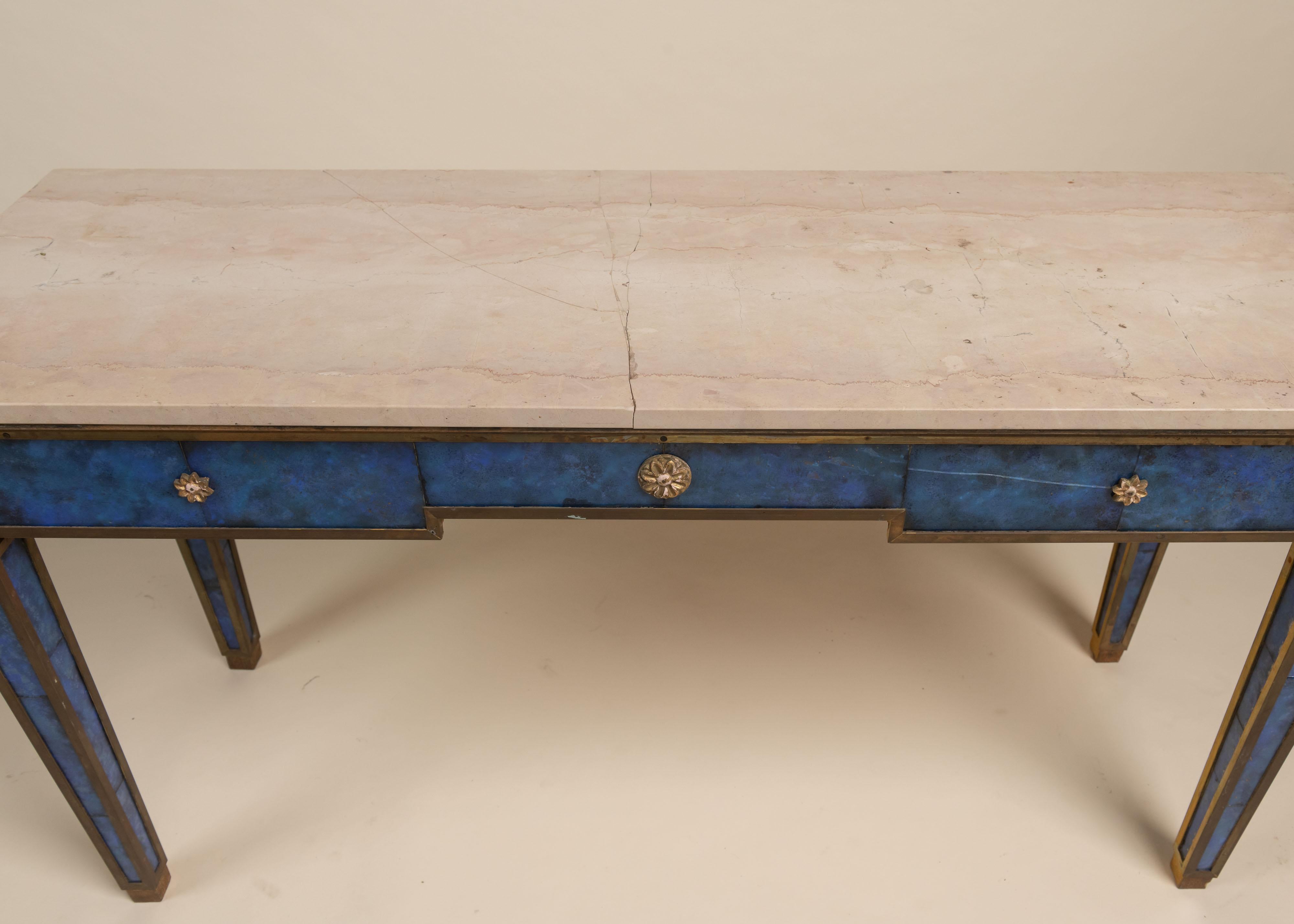 Vintage Pair of Blue Painted Glass and Marble Console Tables For Sale 4
