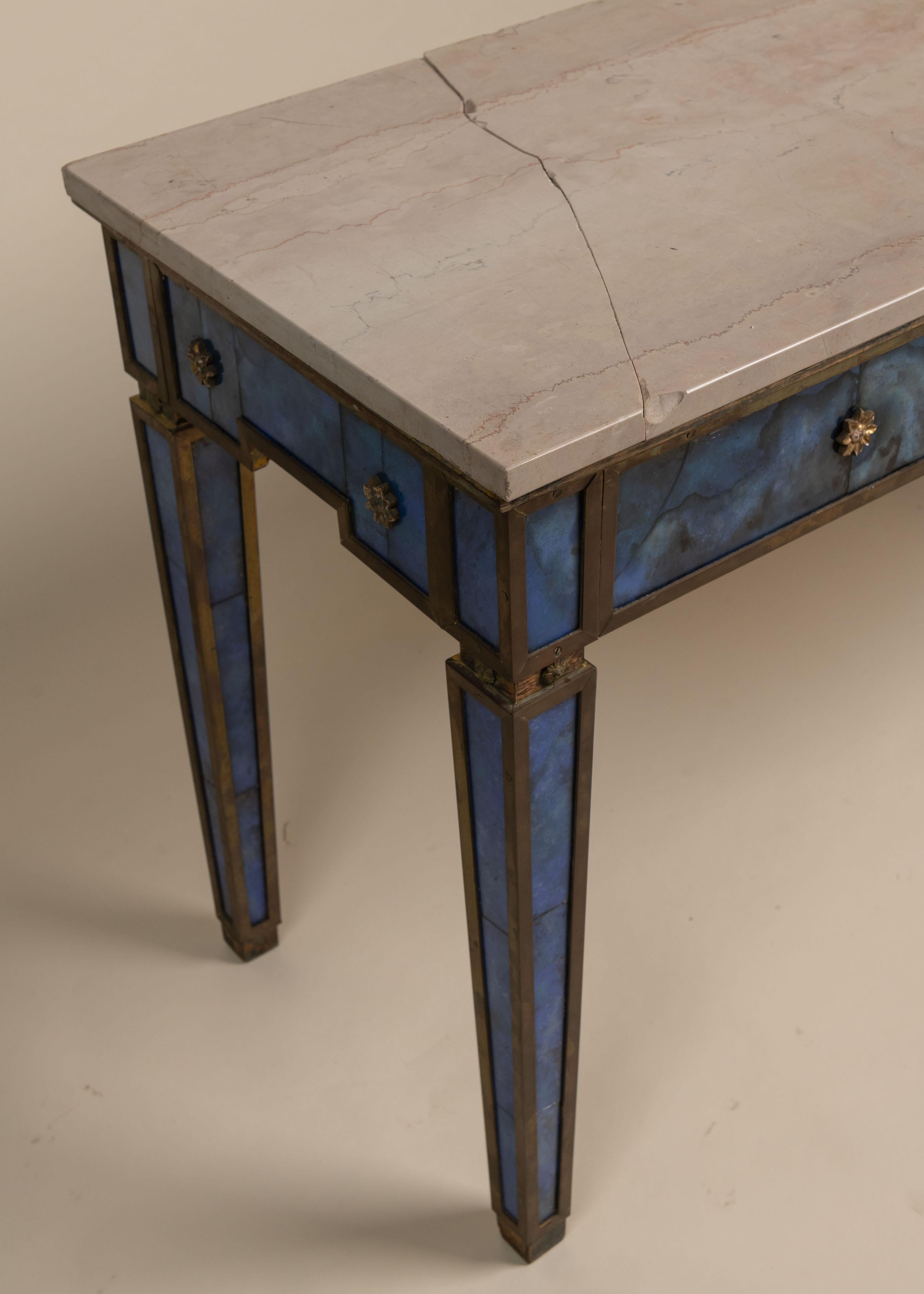 Vintage Pair of Blue Painted Glass and Marble Console Tables For Sale 6