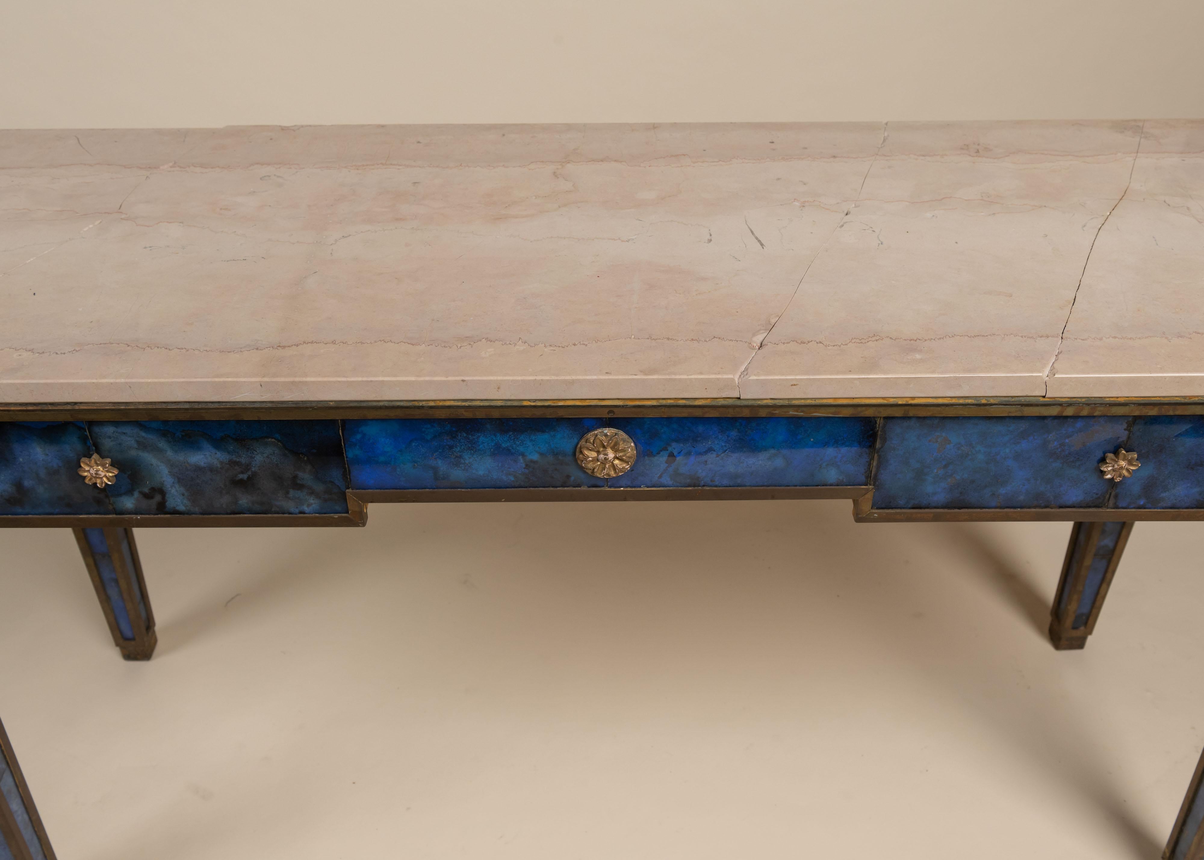 Vintage Pair of Blue Painted Glass and Marble Console Tables For Sale 8