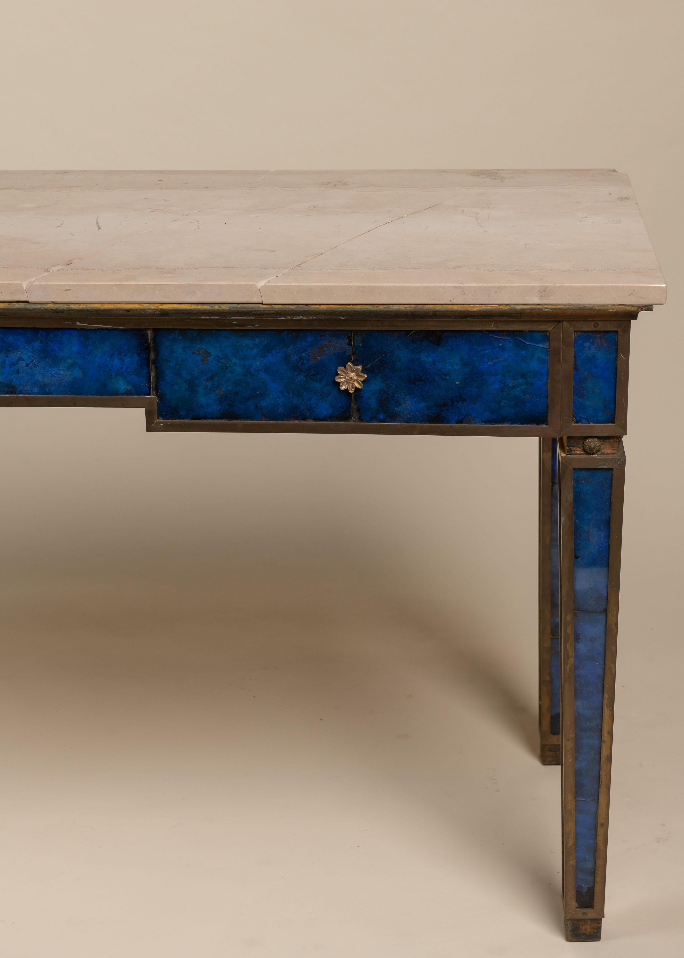Vintage Pair of Blue Painted Glass and Marble Console Tables For Sale 9