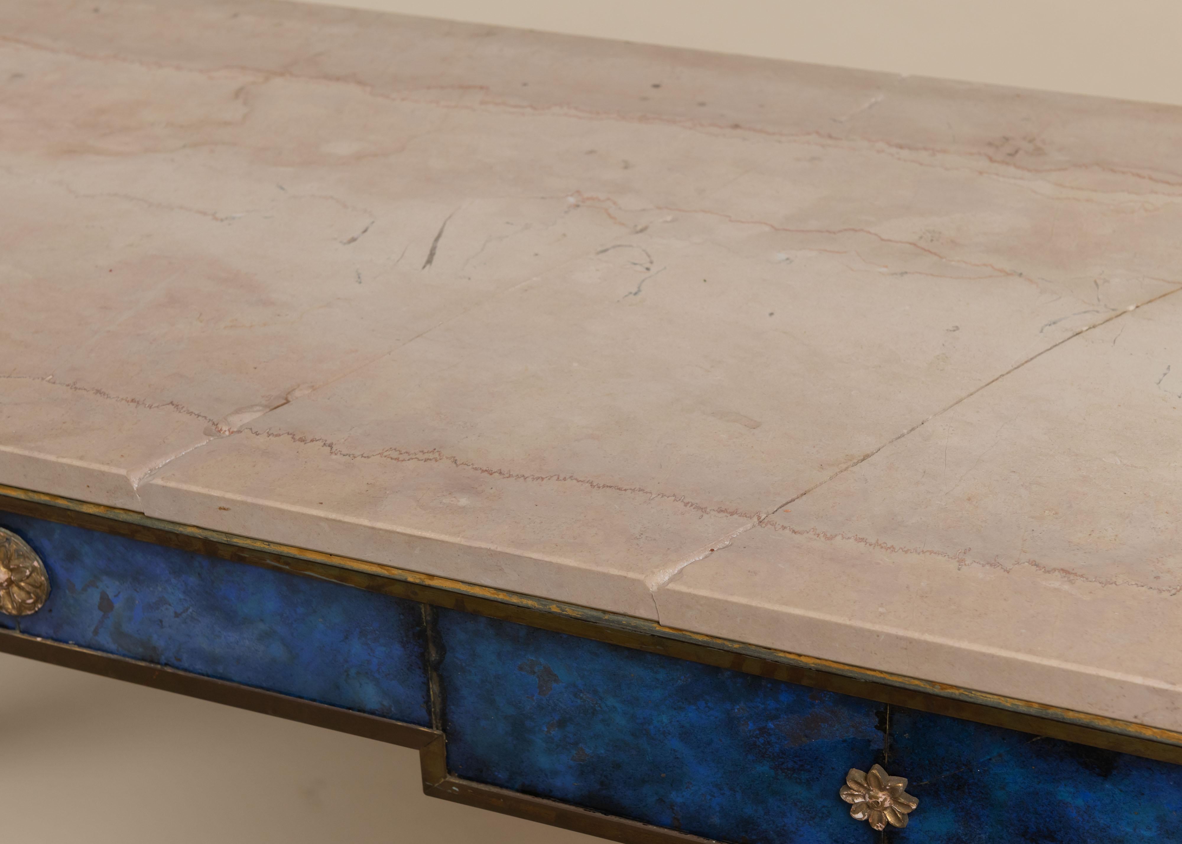 French Vintage Pair of Blue Painted Glass and Marble Console Tables For Sale