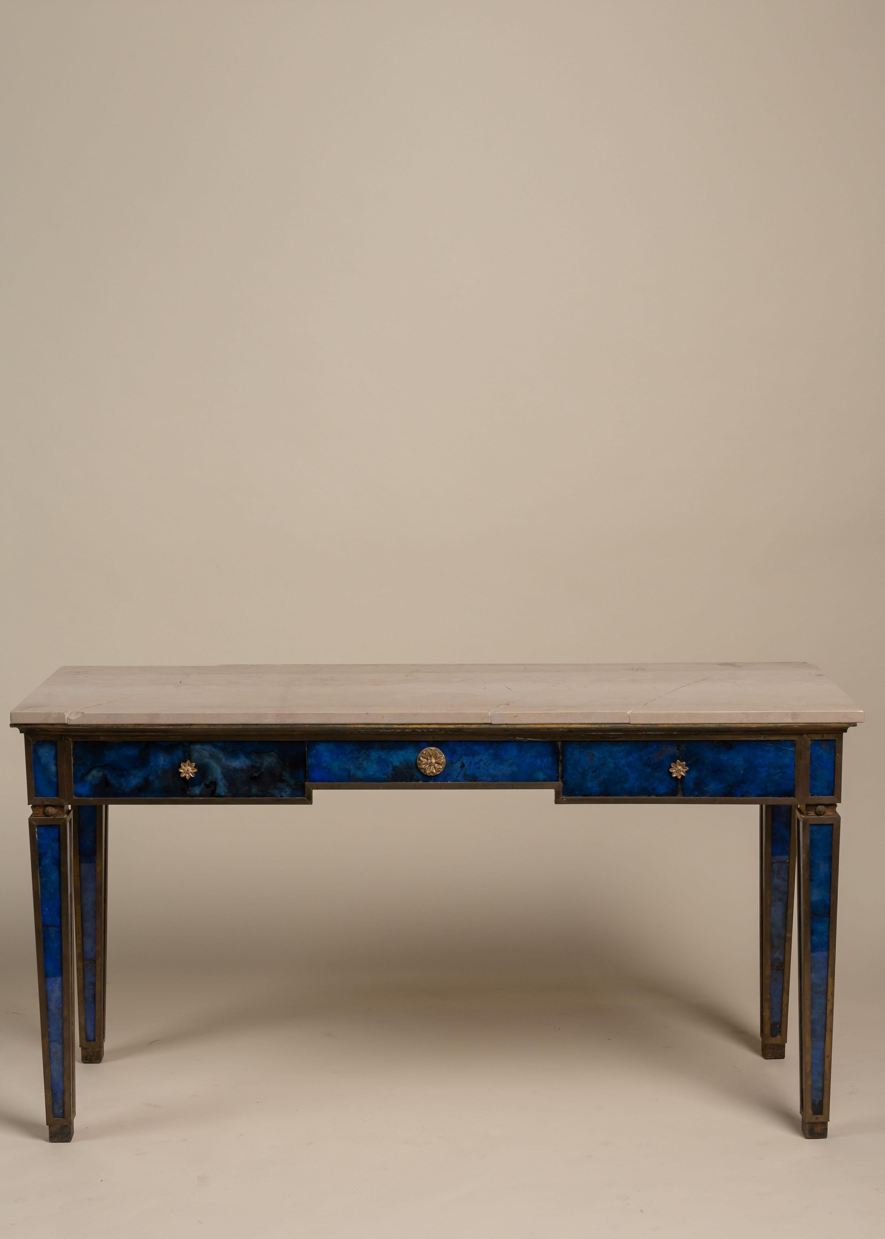 20th Century Vintage Pair of Blue Painted Glass and Marble Console Tables For Sale