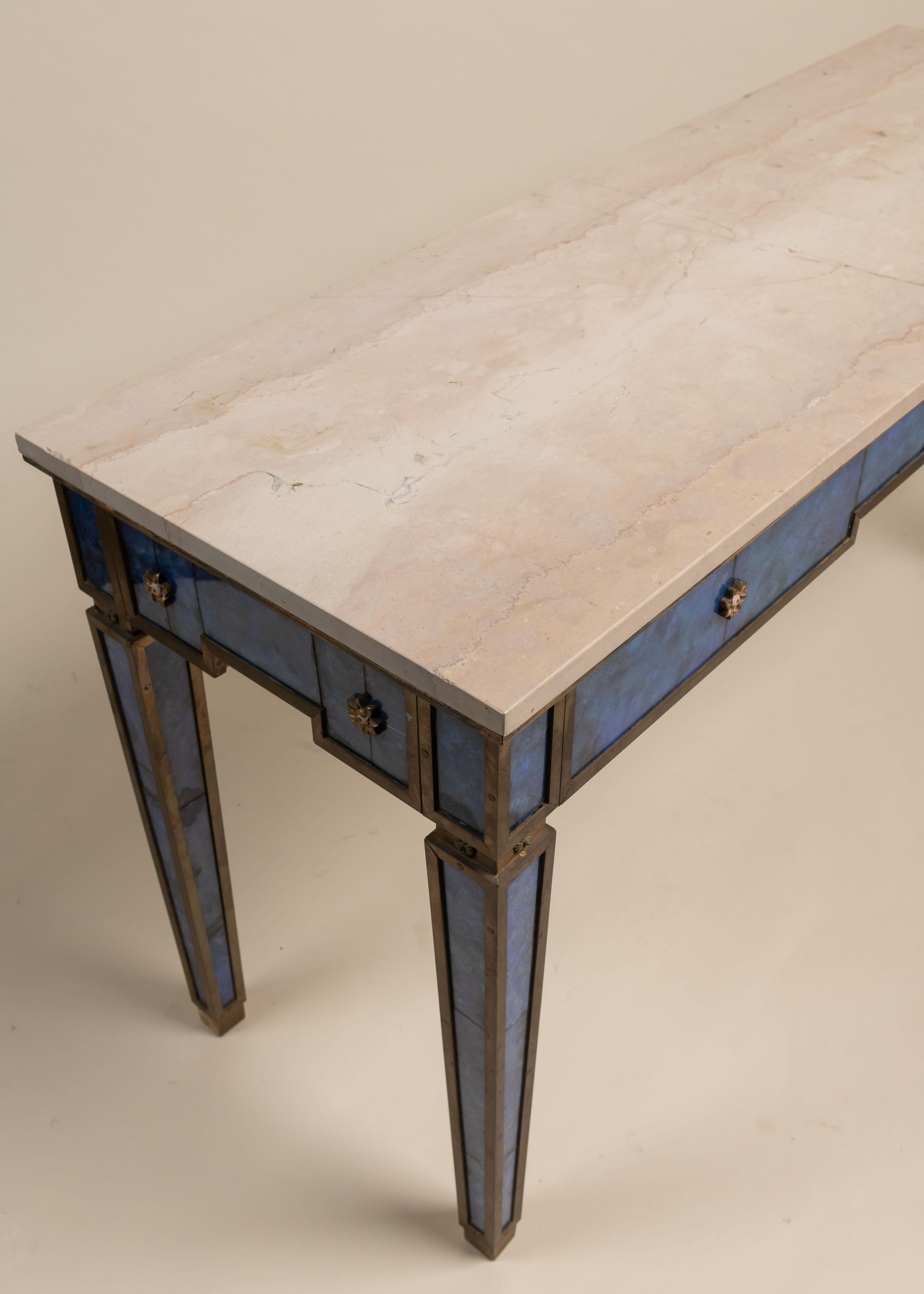 Brass Vintage Pair of Blue Painted Glass and Marble Console Tables For Sale
