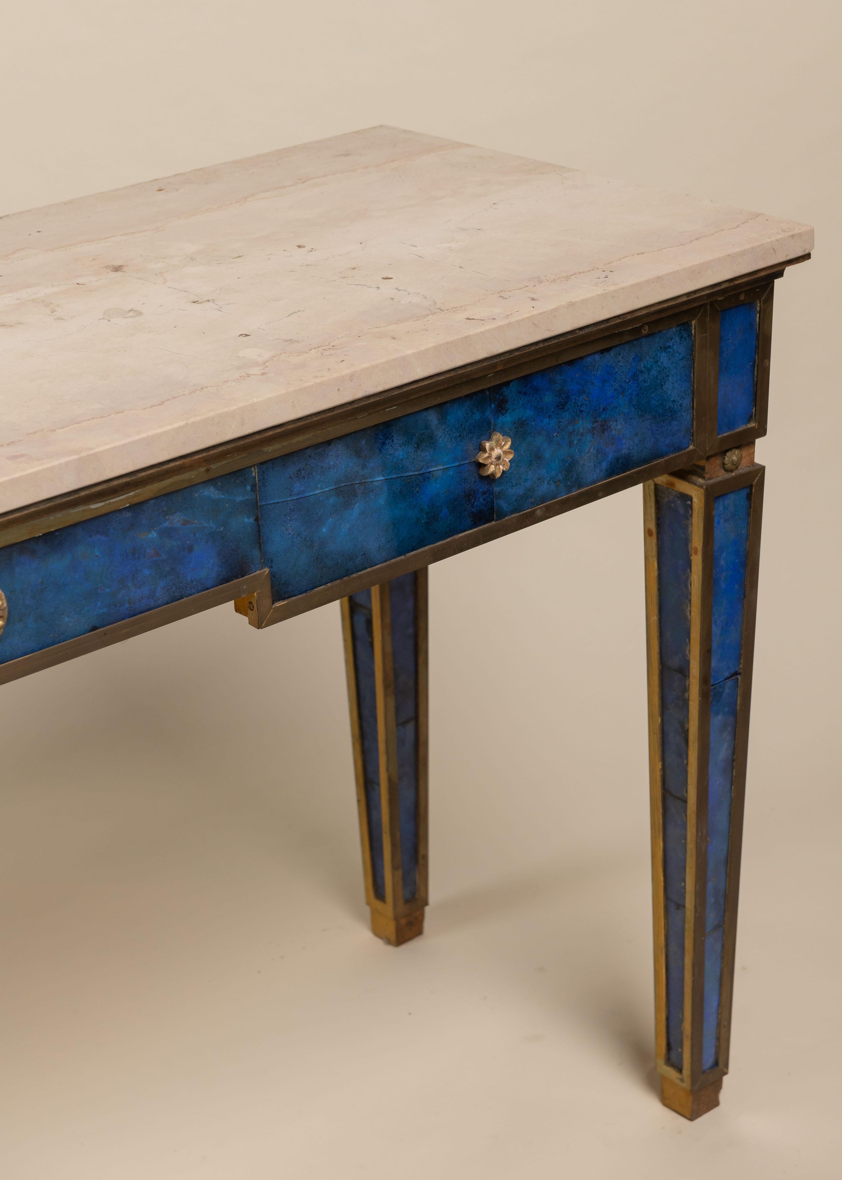 Vintage Pair of Blue Painted Glass and Marble Console Tables For Sale 1