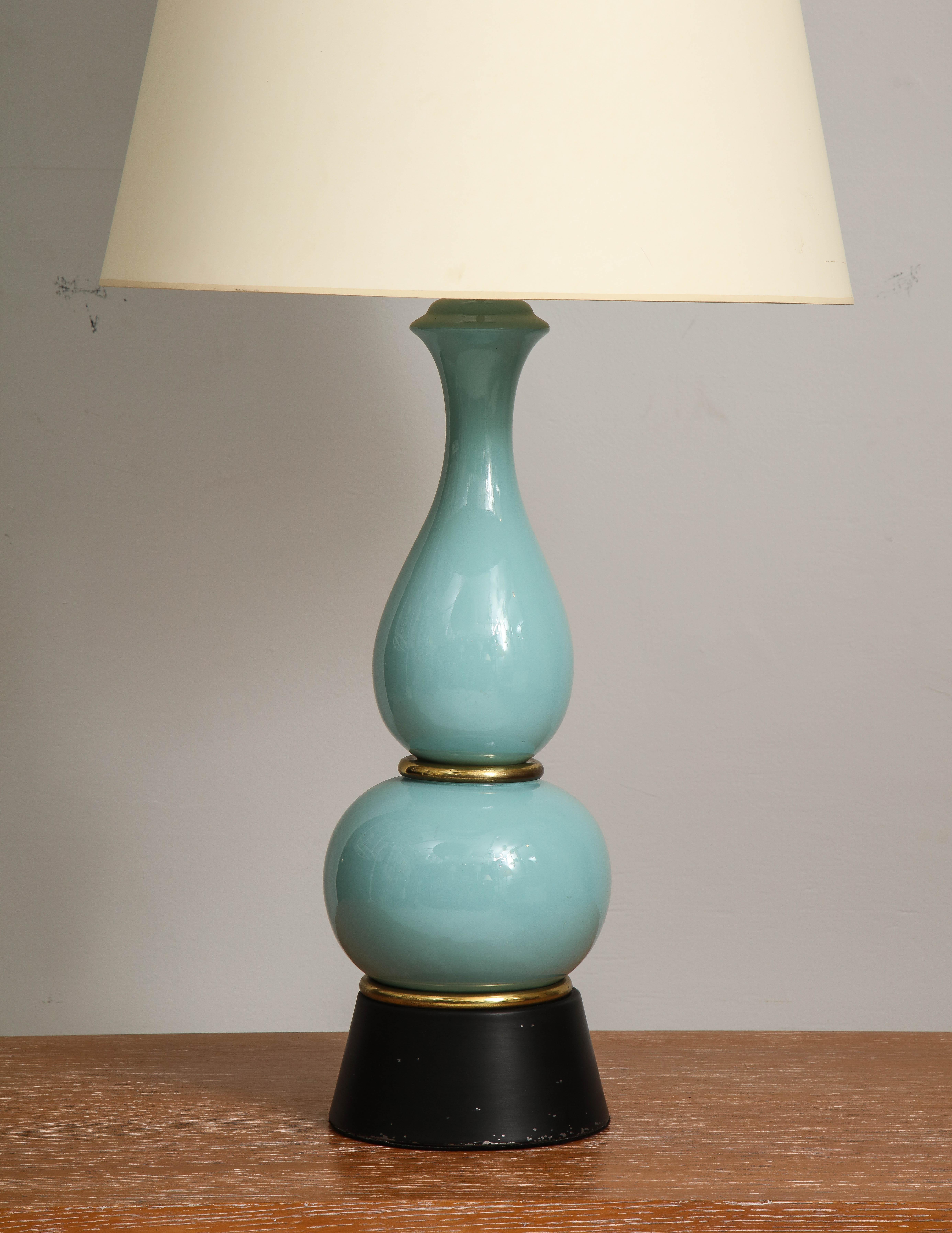 Vintage Pair of Blue Pottery Lamps on Black Plinth Bases In Excellent Condition For Sale In New York, NY
