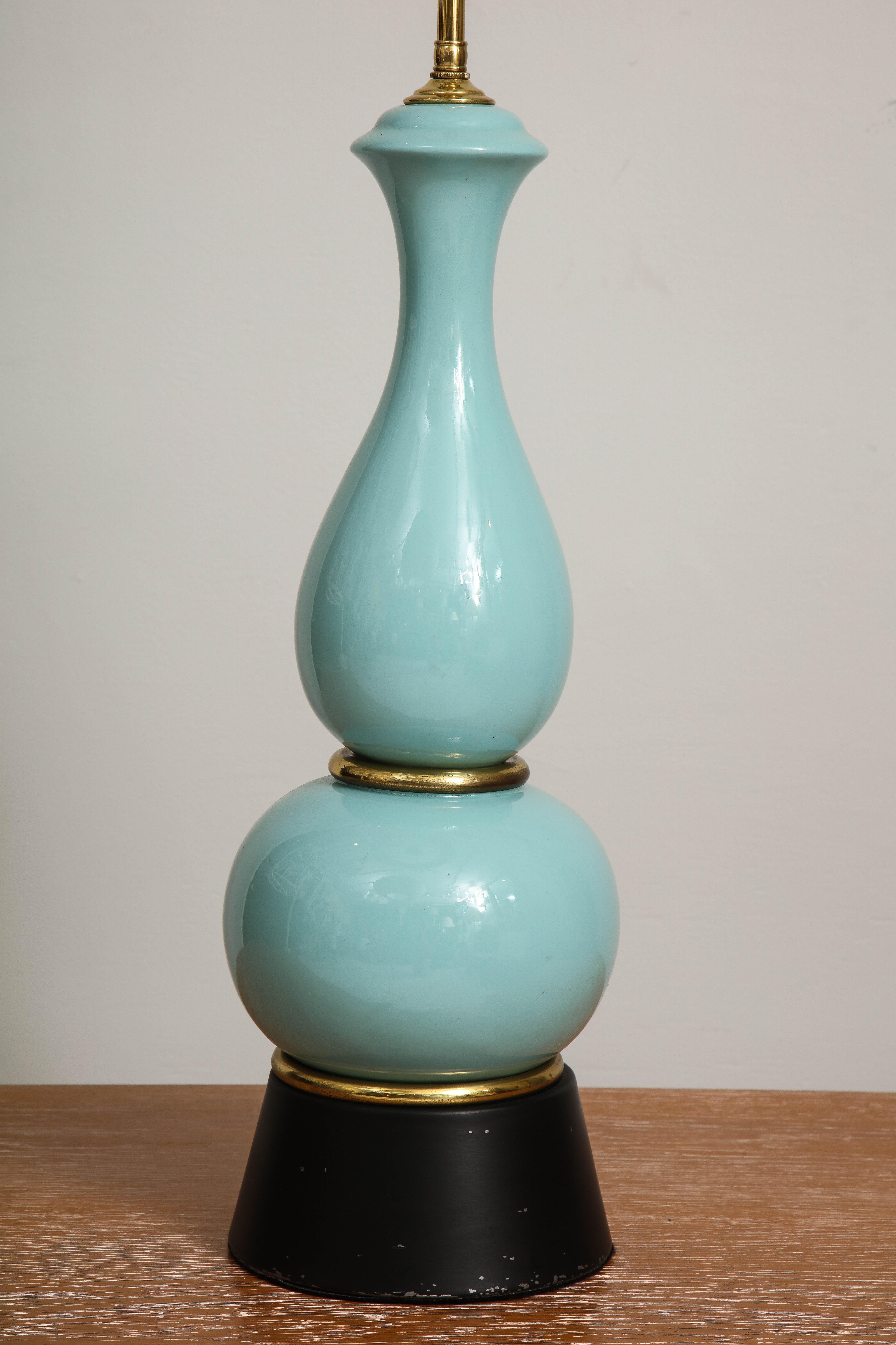 Ceramic Vintage Pair of Blue Pottery Lamps on Black Plinth Bases For Sale