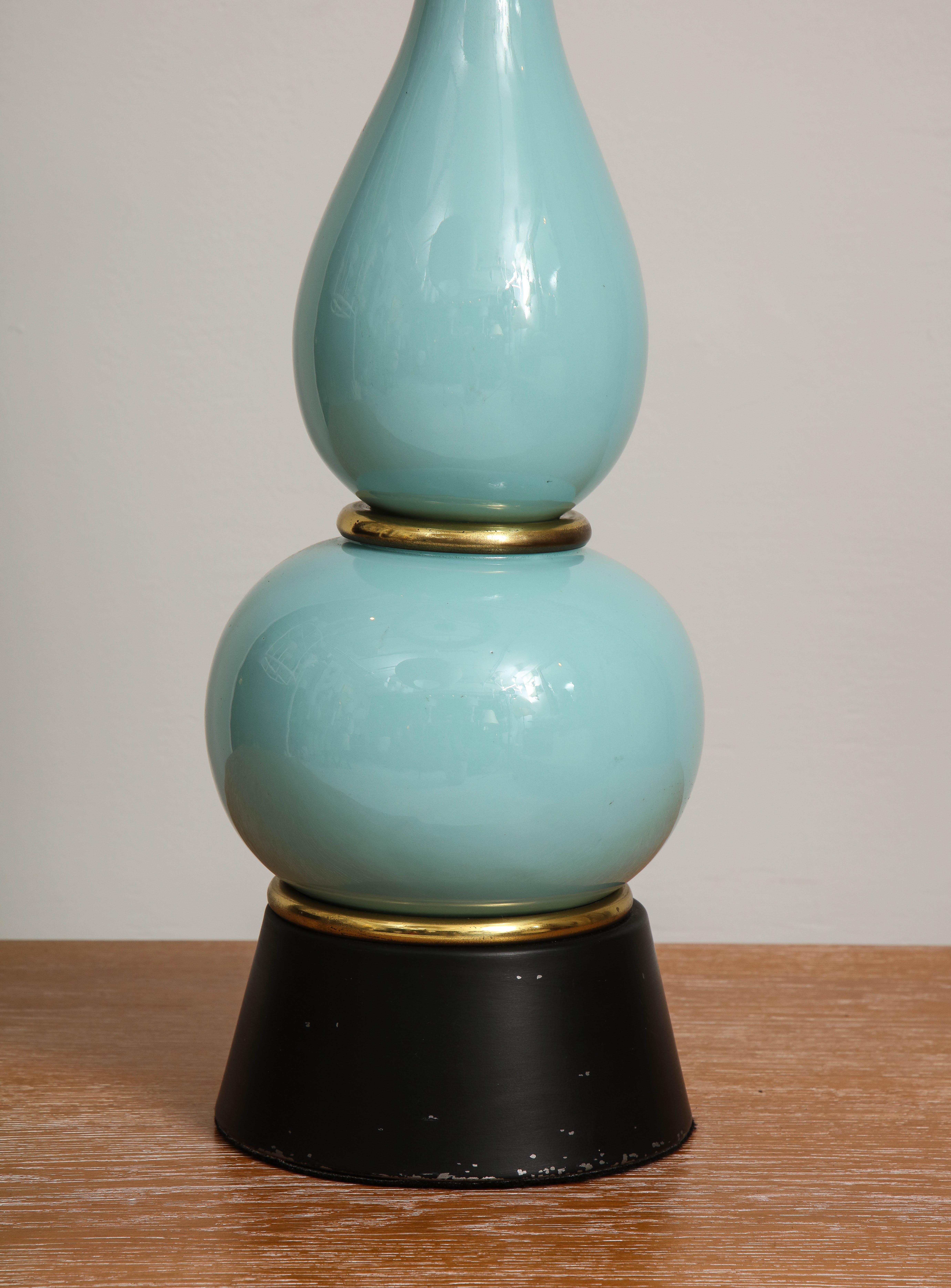 Vintage Pair of Blue Pottery Lamps on Black Plinth Bases For Sale 2