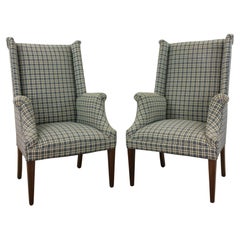 Vintage Pair of Blue & White Checkered Colonial Wingback Chairs