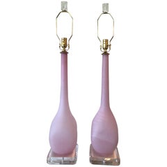 Vintage Pair of Blush Pink Frosted Murano Table Lamps Lucite Brass Italian