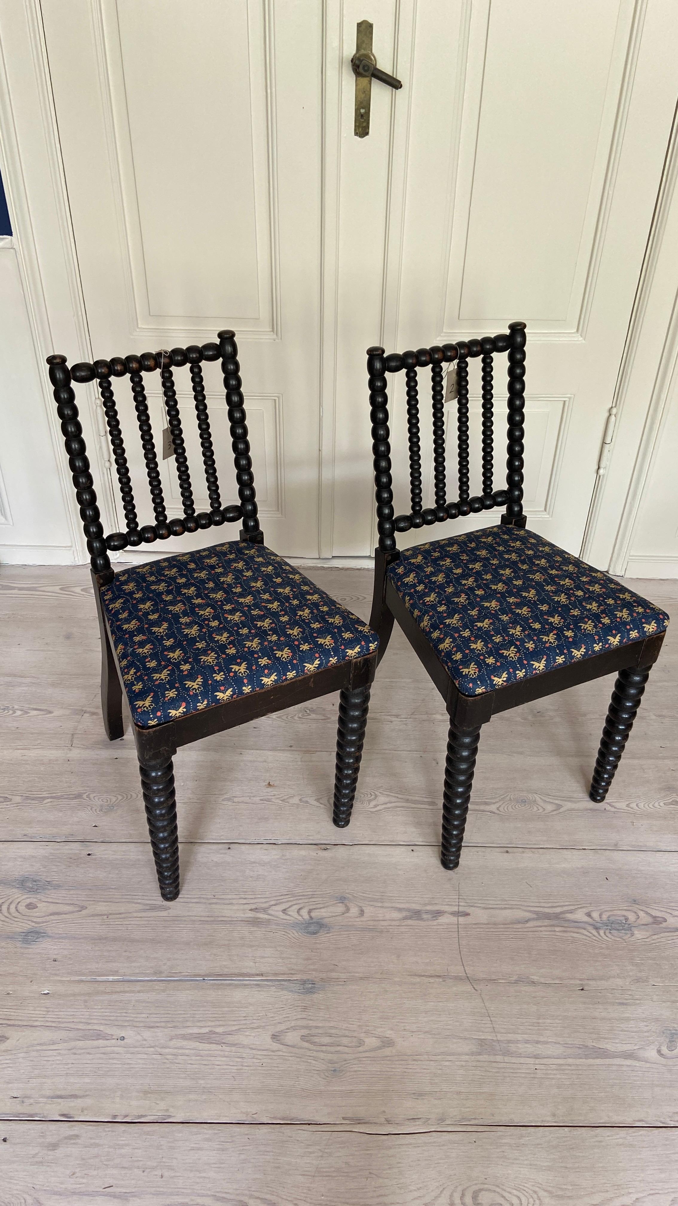 English Vintage Pair of Bobbin Chairs with New Blue Upholstery, England 19th Century For Sale