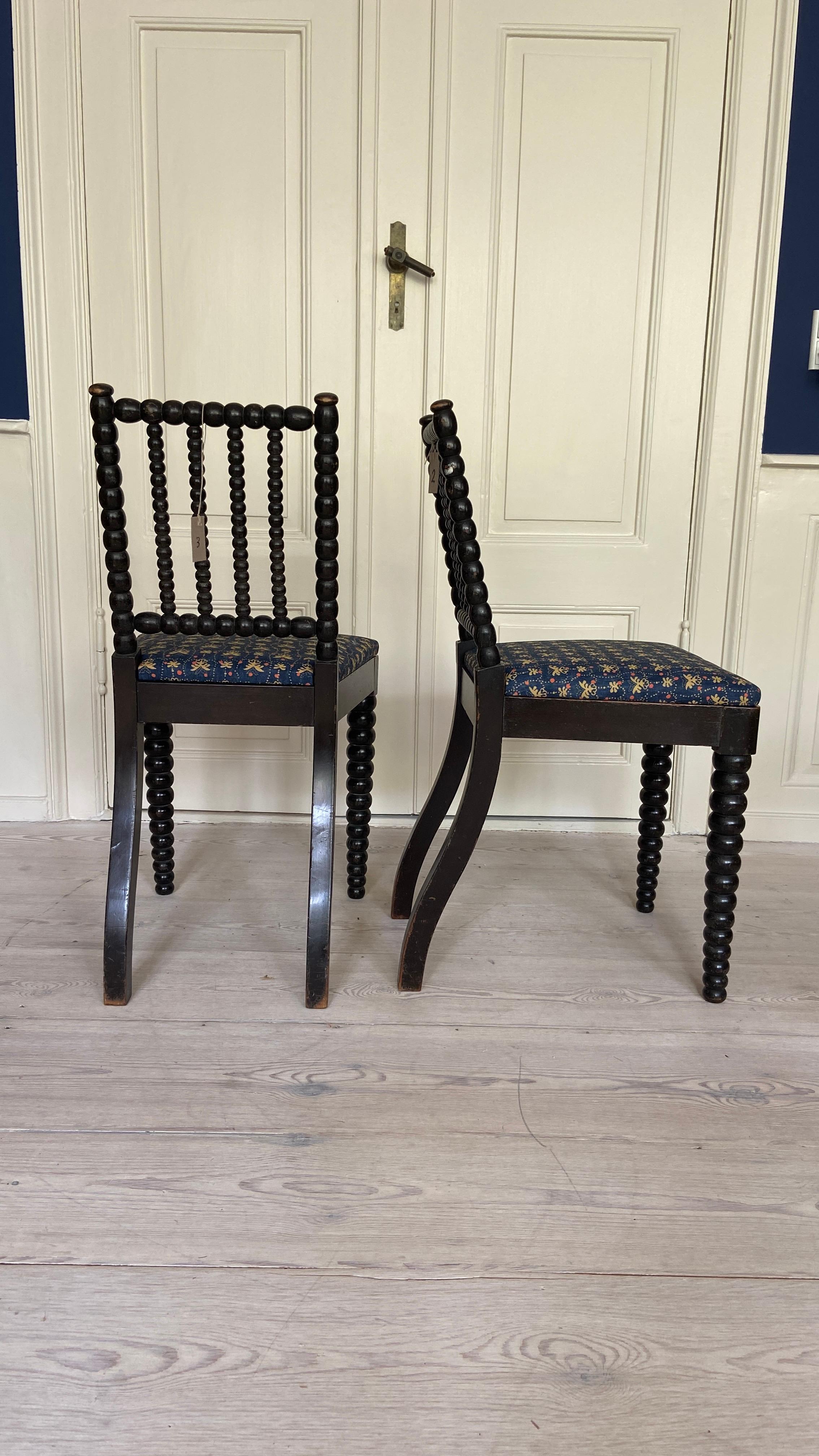 Vintage Pair of Bobbin Chairs with New Blue Upholstery, England 19th Century In Good Condition For Sale In Copenhagen K, DK