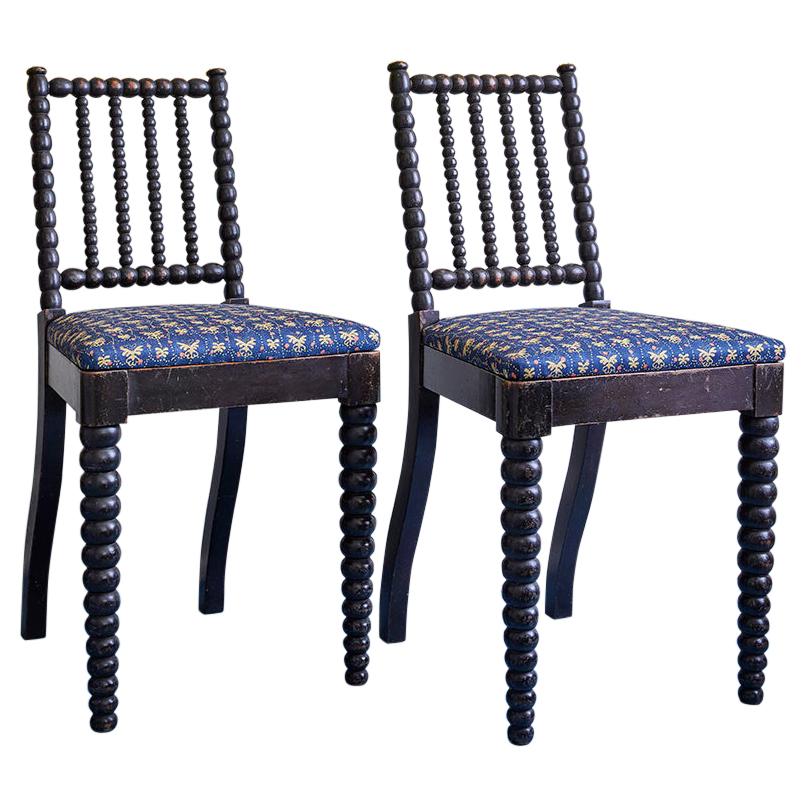 Vintage Pair of Bobbin Chairs with New Blue Upholstery, England 19th Century For Sale