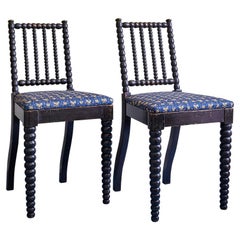 Vintage Pair of Bobbin Chairs with New Blue Upholstery, England 19th Century
