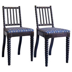 Paire de chaises Bobbin vintage avec tapisserie bleue neuve, Angleterre, 19ème siècle