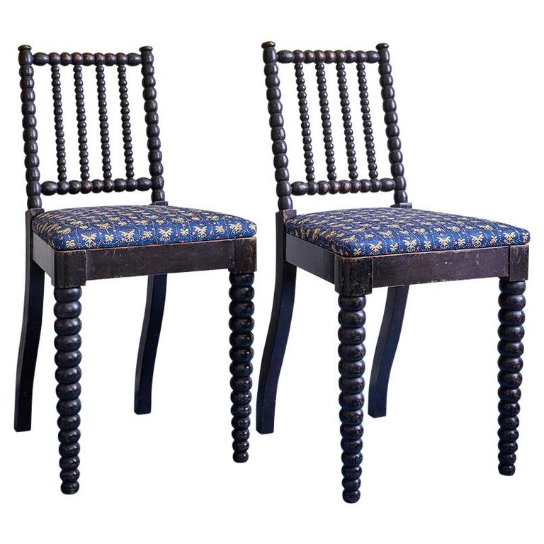Vintage Pair of Bobbin Chairs with New Blue Upholstery, England 19th  Century For Sale at 1stDibs