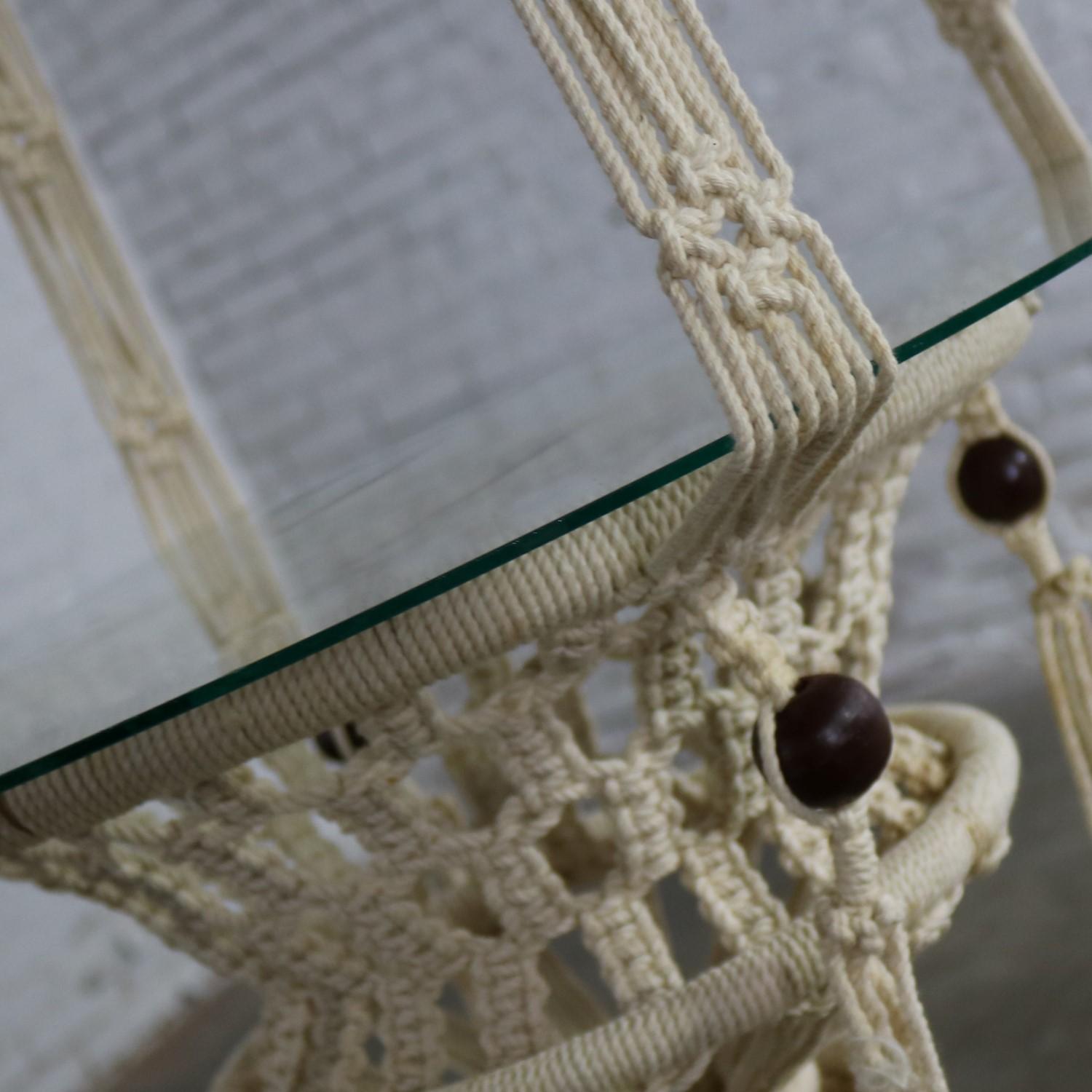 Vintage Pair of Bohemian White Macramé Hanging Tables with Round Glass Tops 3